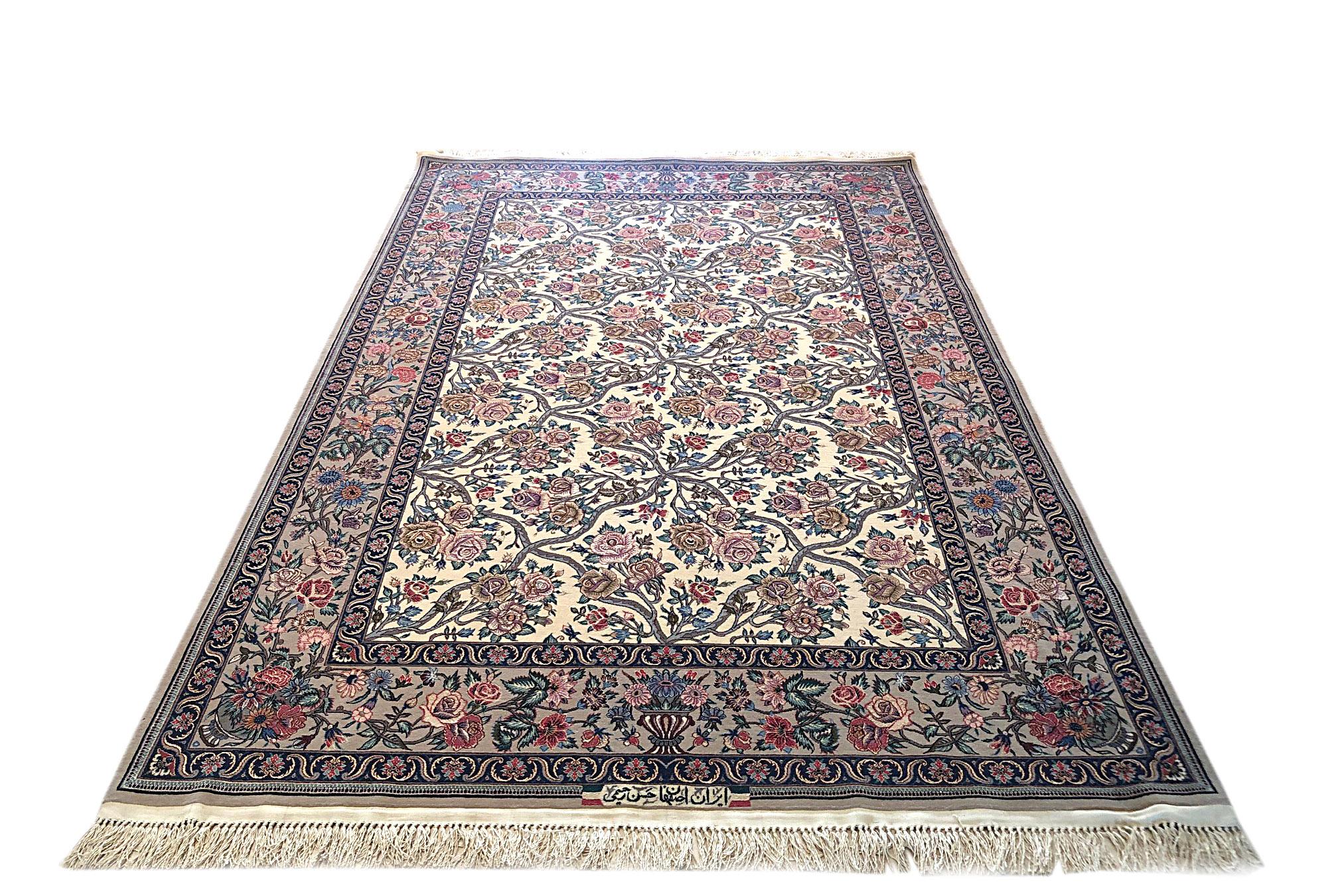 This authentic Persian Isfahan rug has kork wool and silk pile on silk foundation with an excellent condition. The color combination in this rug is absolutely outstanding. This Isfahan rug is excellent for decorative purpose, stunning floral pattern