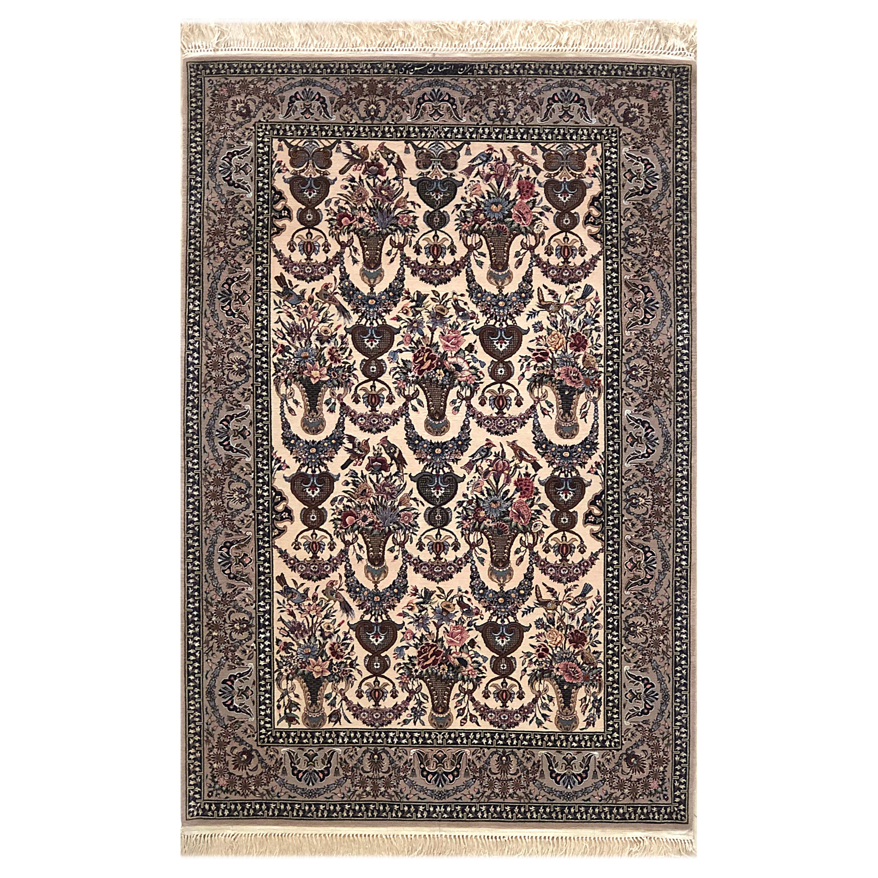 Persian Hand Knotted All-Over Floral Silk Isfahan Rug For Sale