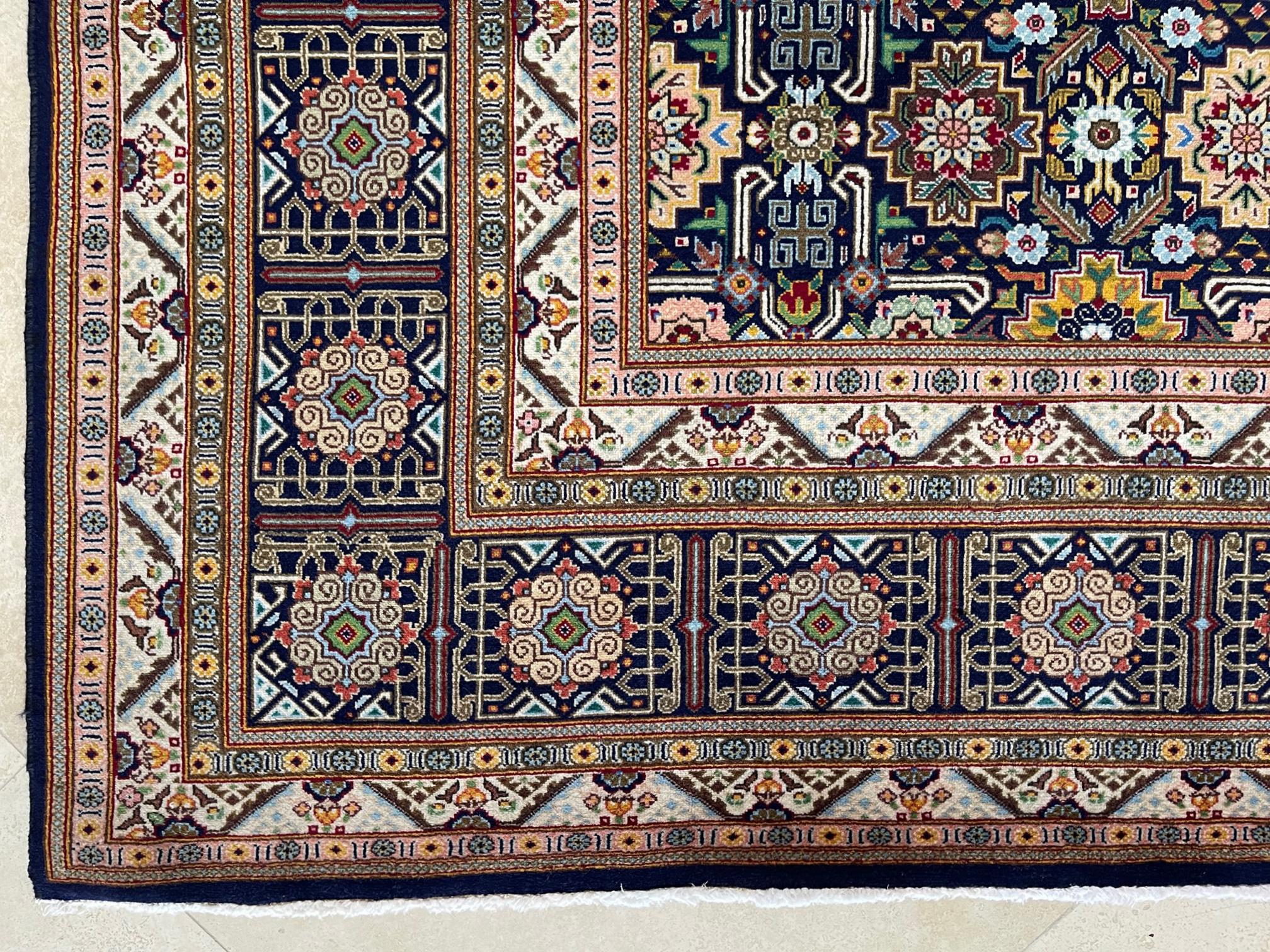 Persian Hand Knotted All Over Geometric Tabriz Blue Green Rug 1970 Circa For Sale 4