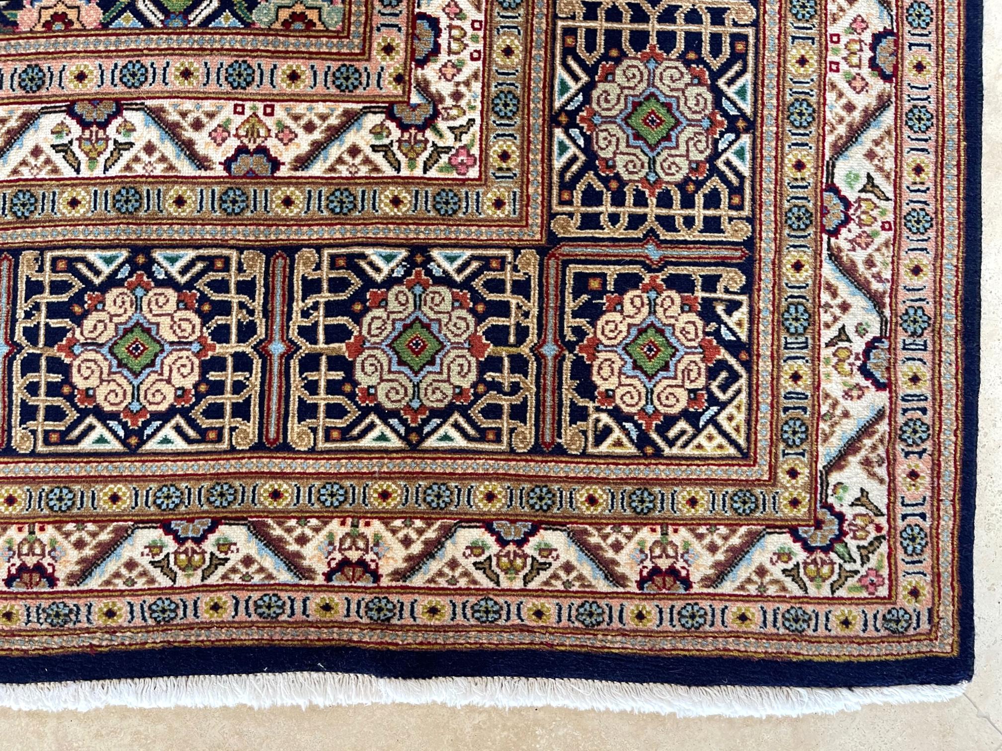 Persian Hand Knotted All Over Geometric Tabriz Blue Green Rug 1970 Circa For Sale 6