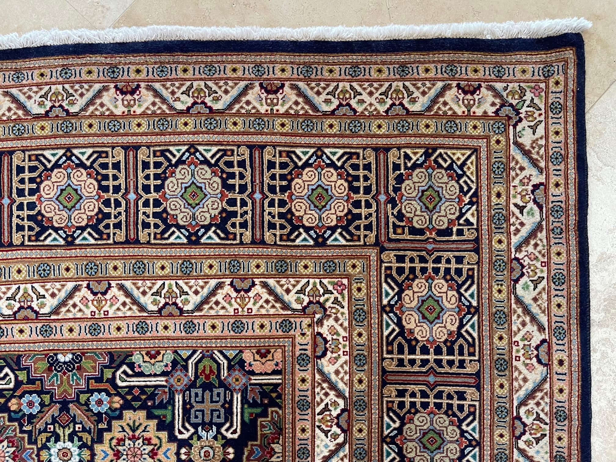 Persian Hand Knotted All Over Geometric Tabriz Blue Green Rug 1970 Circa For Sale 8