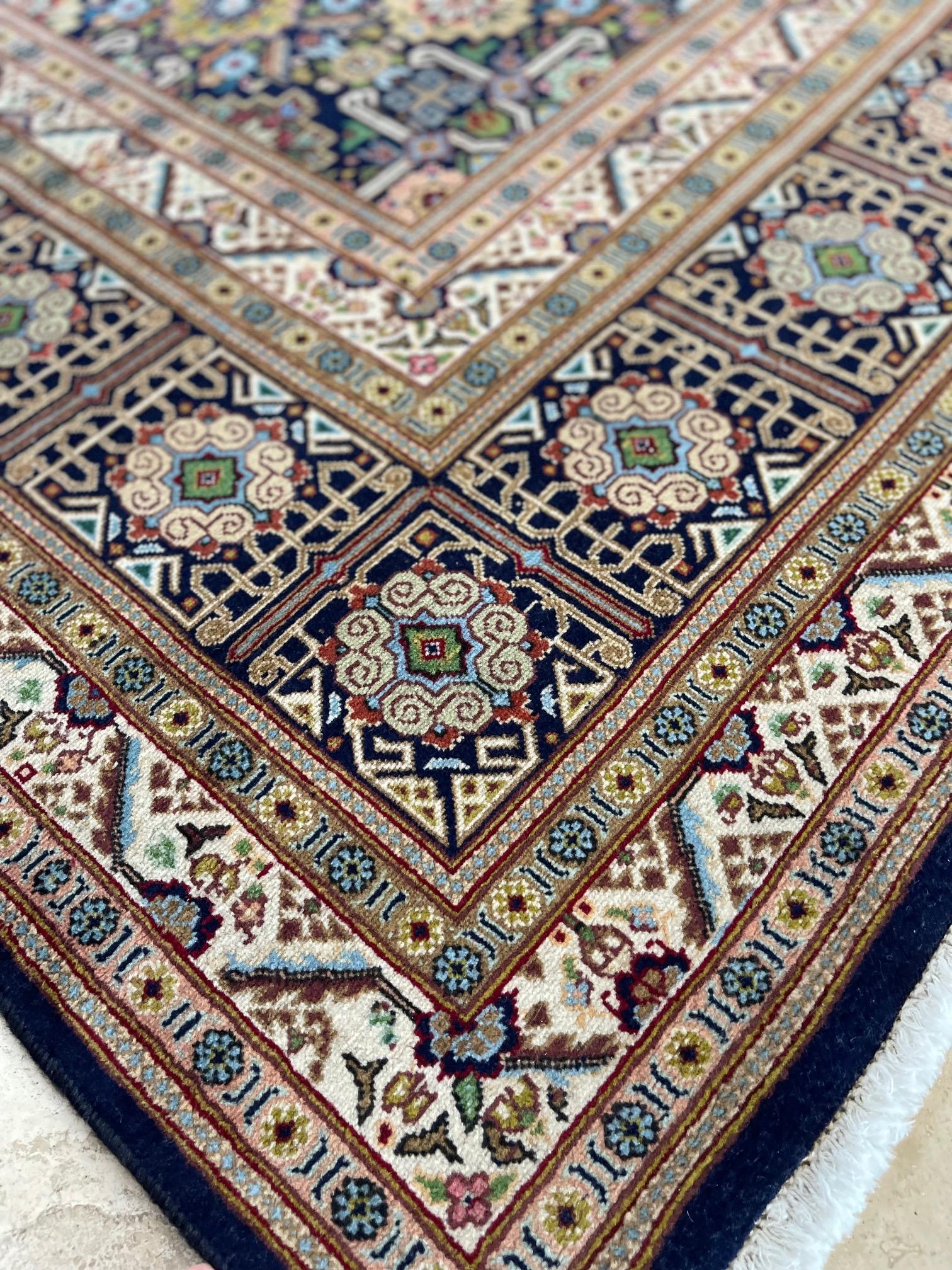 Persian Hand Knotted All Over Geometric Tabriz Blue Green Rug 1970 Circa For Sale 10
