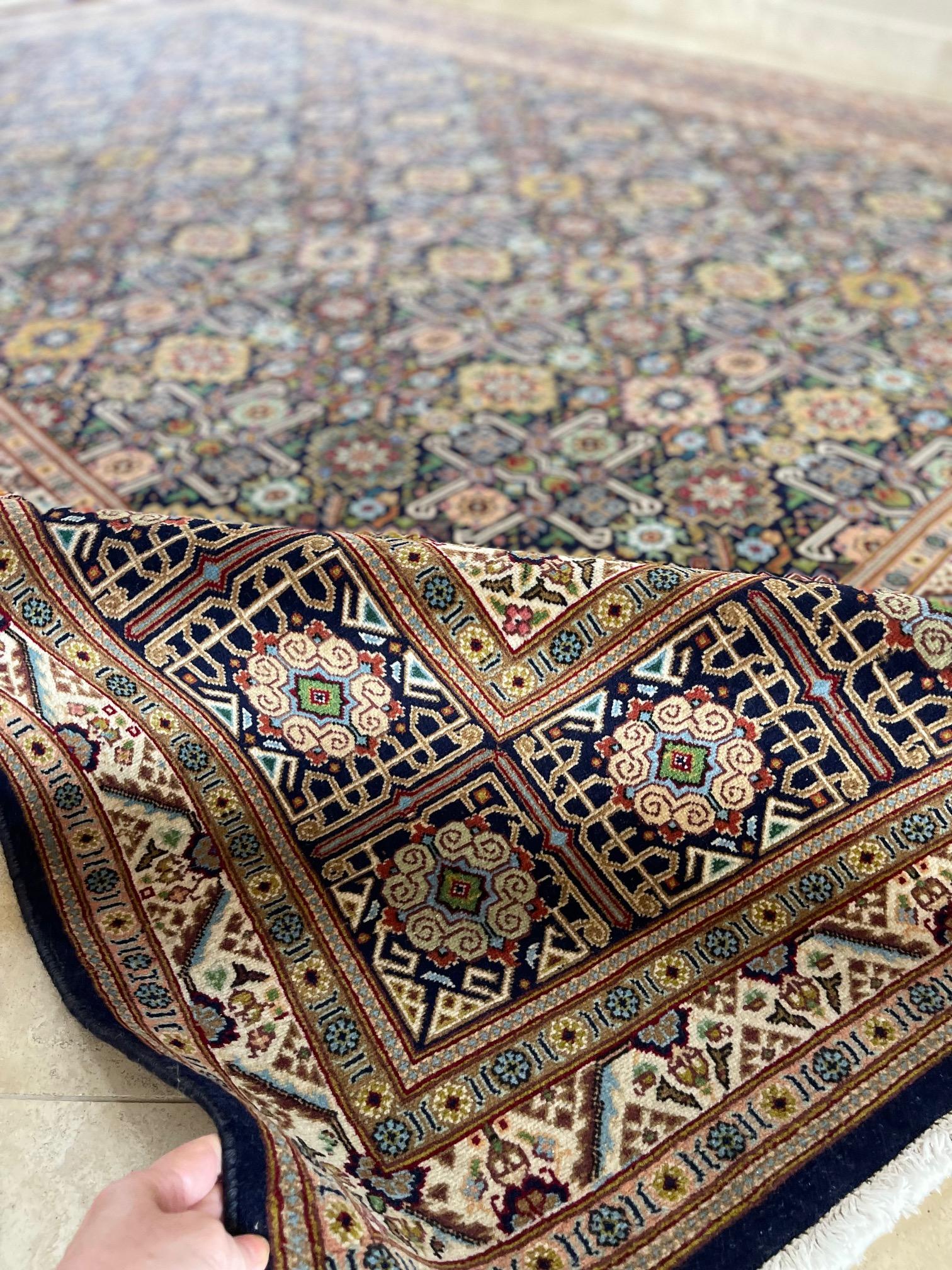 Persian Hand Knotted All Over Geometric Tabriz Blue Green Rug 1970 Circa For Sale 11