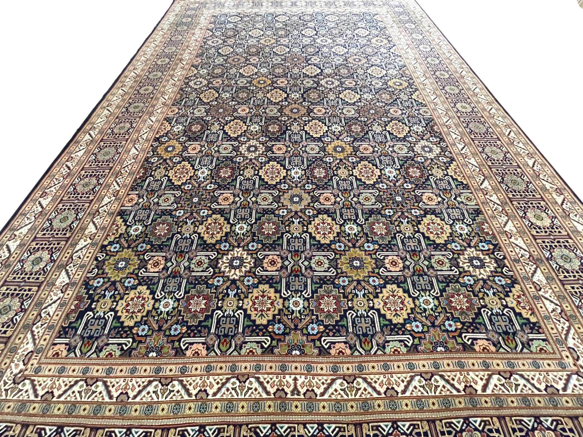 Hand-Knotted Persian Hand Knotted All Over Geometric Tabriz Blue Green Rug 1970 Circa For Sale