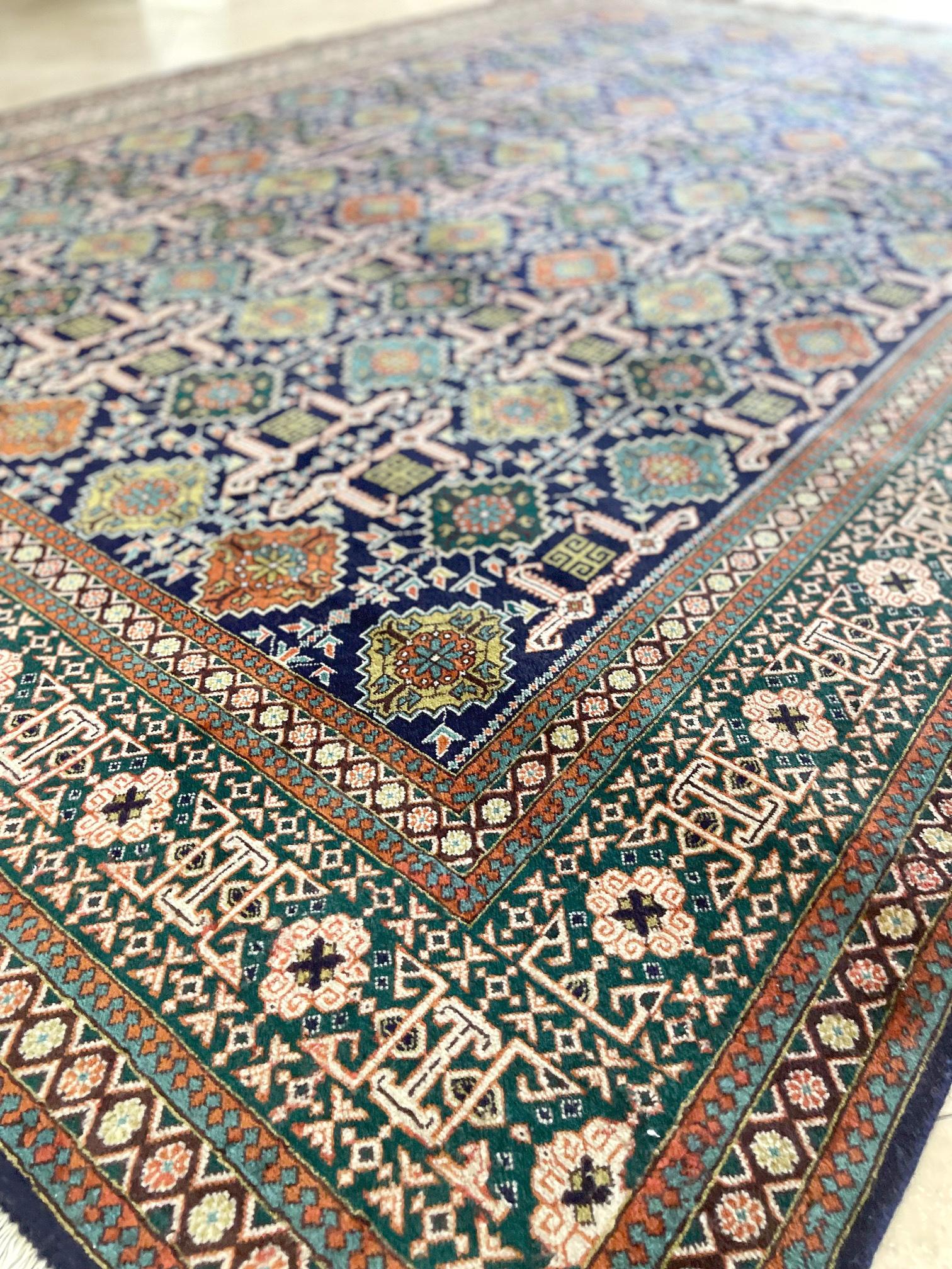 Hand-Knotted Persian Hand Knotted All over Geometric Tabriz Blue Green Rug, 1970 circa For Sale