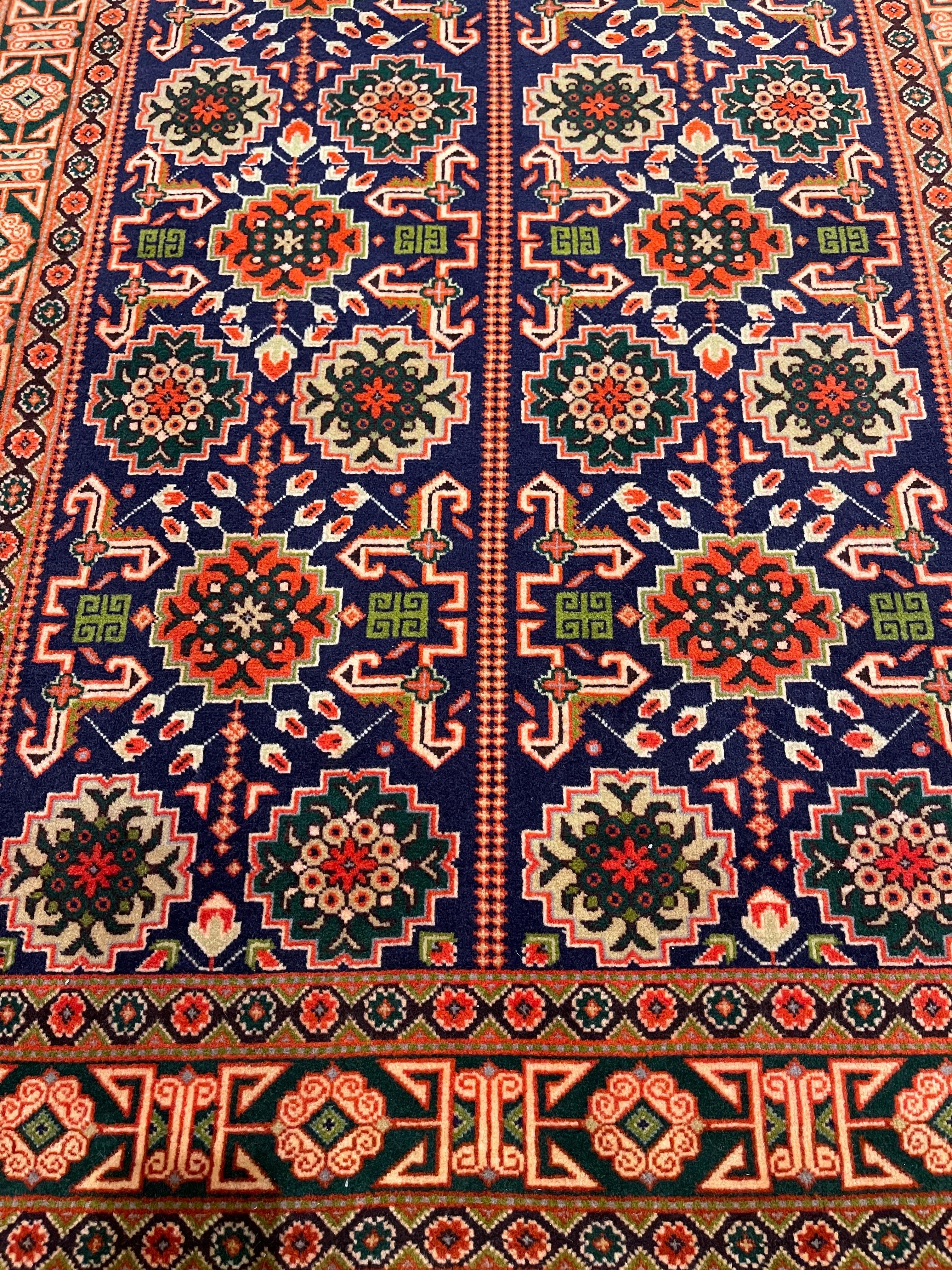 Late 20th Century Persian Hand Knotted All Over Geometric Tabriz Blue Green Rug 1970 Circa For Sale