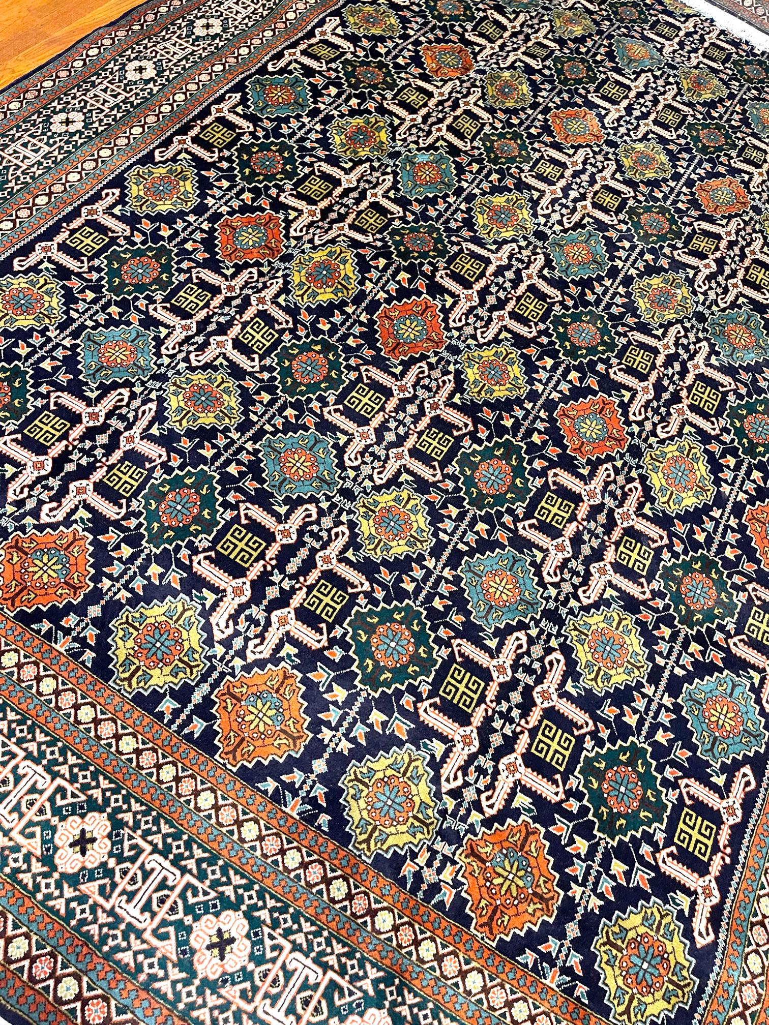 Late 20th Century Persian Hand Knotted All over Geometric Tabriz Blue Green Rug, 1970 circa For Sale