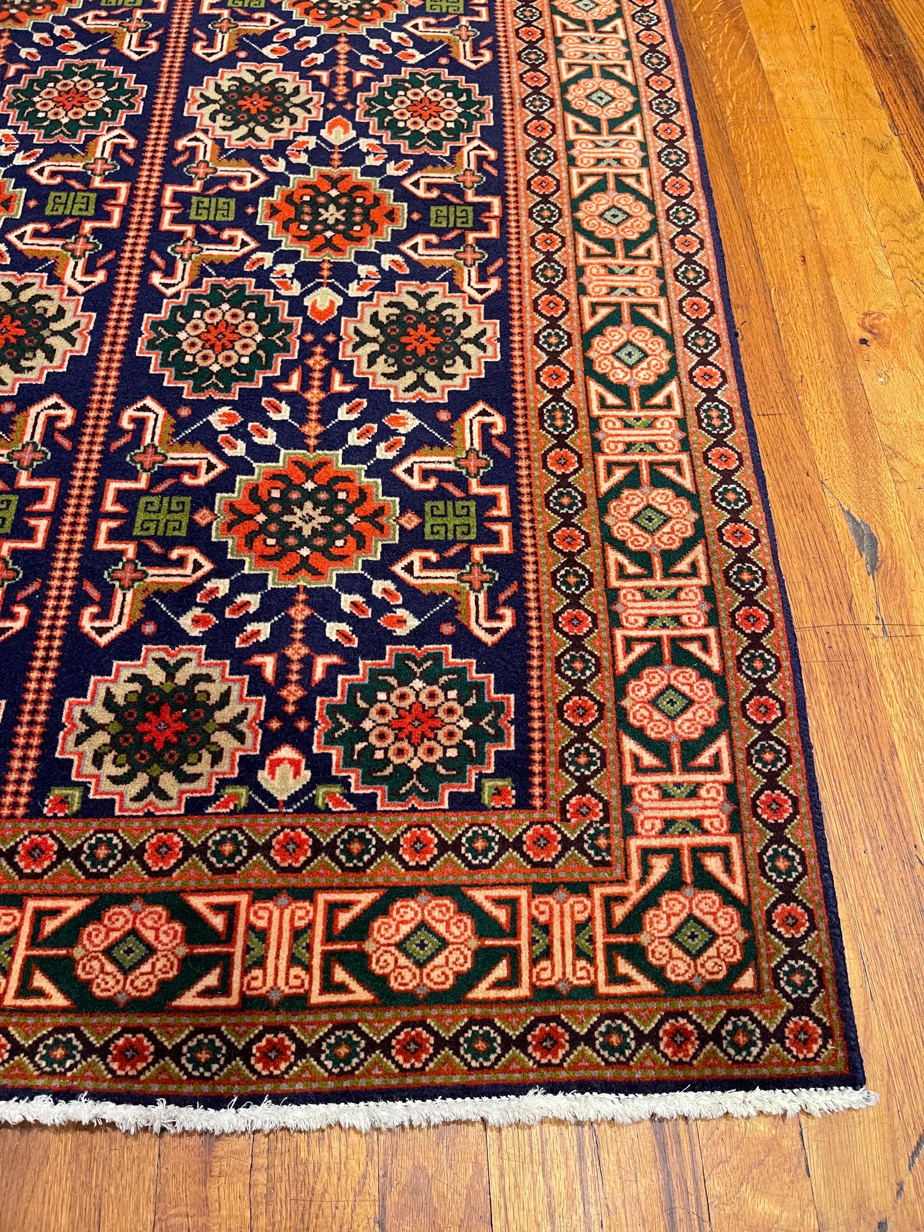 Wool Persian Hand Knotted All Over Geometric Tabriz Blue Green Rug 1970 Circa For Sale