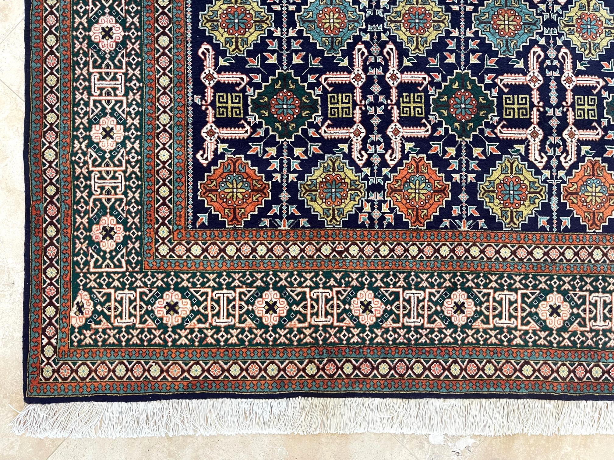 Wool Persian Hand Knotted All over Geometric Tabriz Blue Green Rug, 1970 circa For Sale