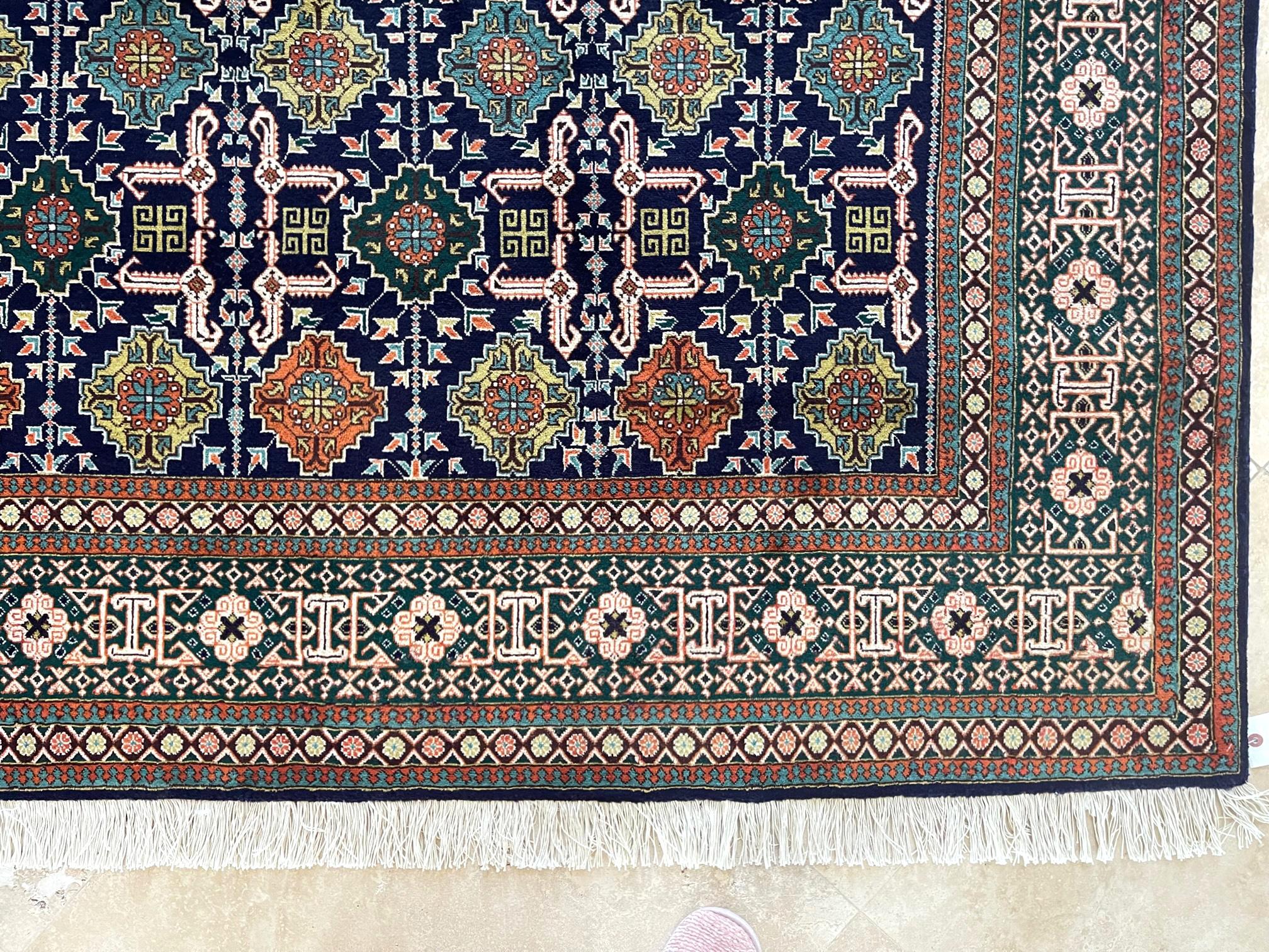 Persian Hand Knotted All over Geometric Tabriz Blue Green Rug, 1970 circa For Sale 1