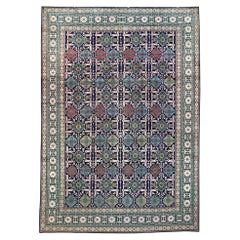 Persian Hand Knotted All over Geometric Tabriz Blue Green Rug, 1970, circa