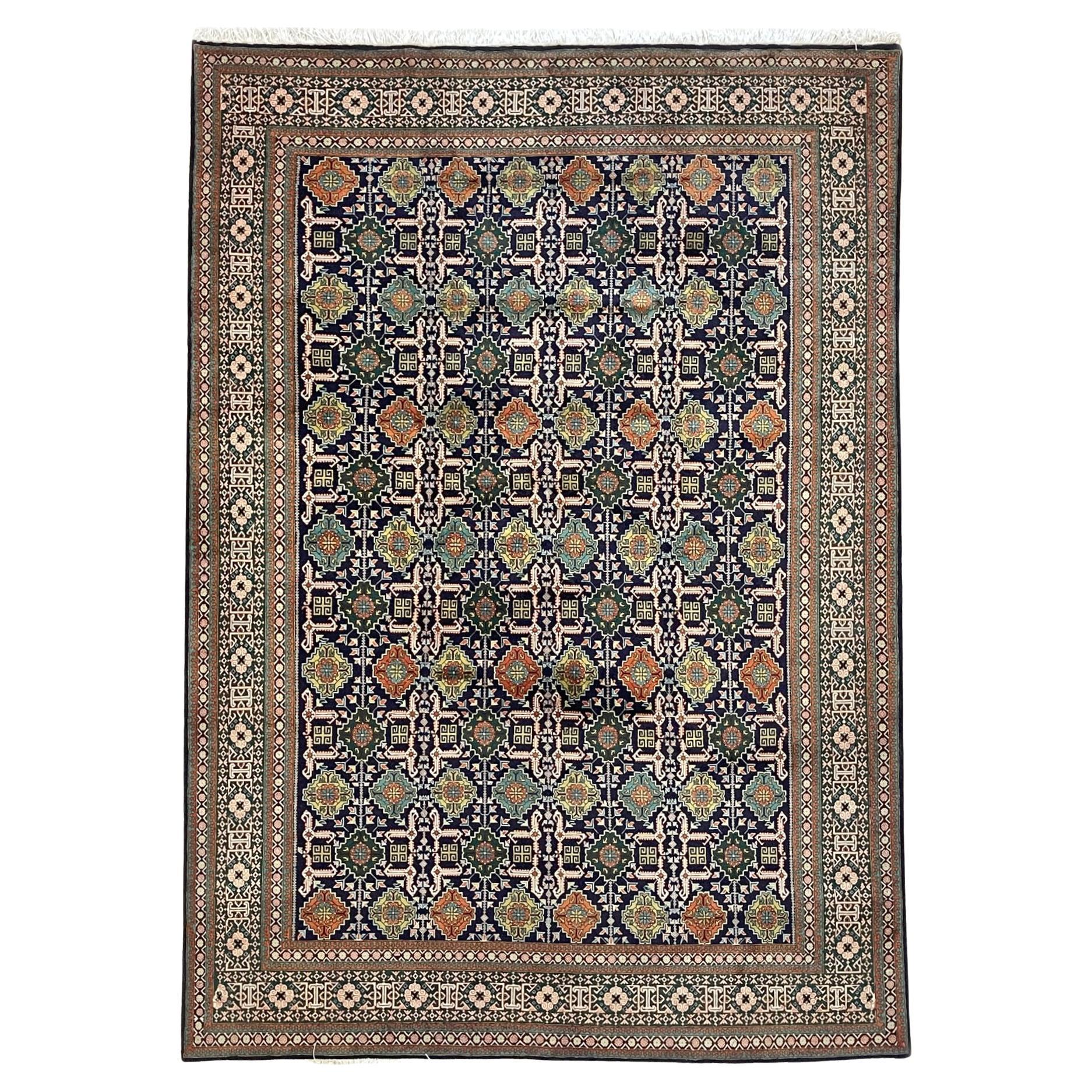 Persian Hand Knotted All over Geometric Tabriz Blue Green Rug, 1970 circa For Sale