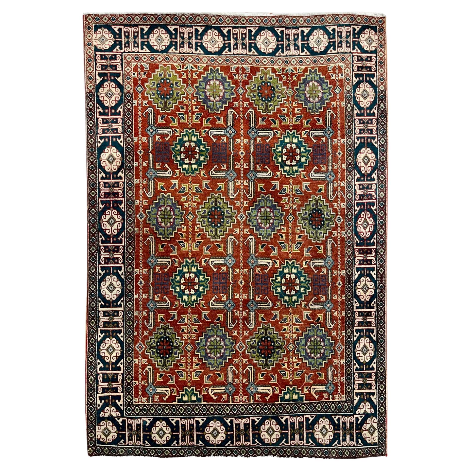 Persian Hand Knotted All Over Geometric Tabriz Blue Green Rug 1970 Circa