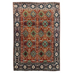 Vintage Persian Hand Knotted All Over Geometric Tabriz Blue Green Rug 1970 Circa