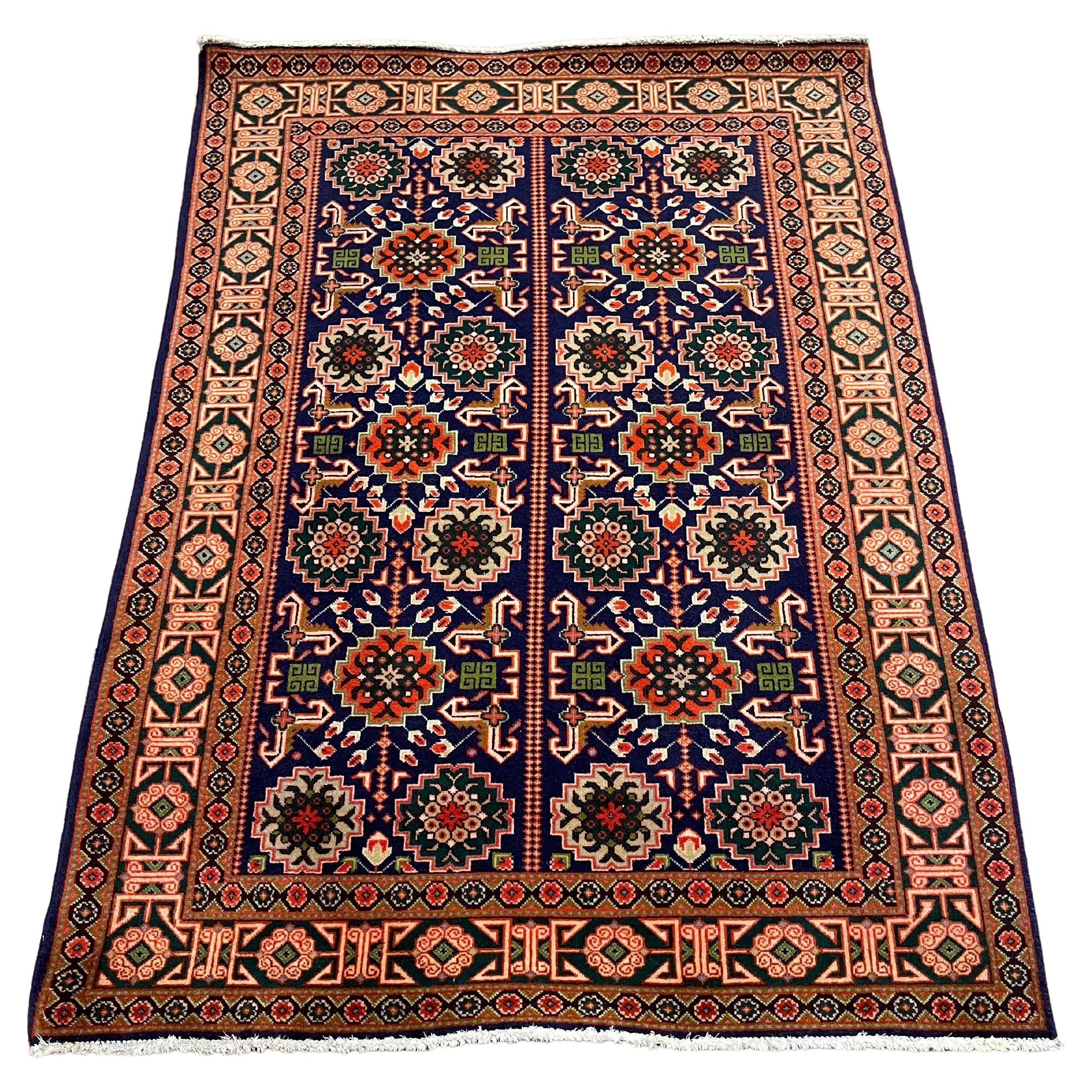 Persian Hand Knotted All Over Geometric Tabriz Blue Green Rug 1970 Circa For Sale