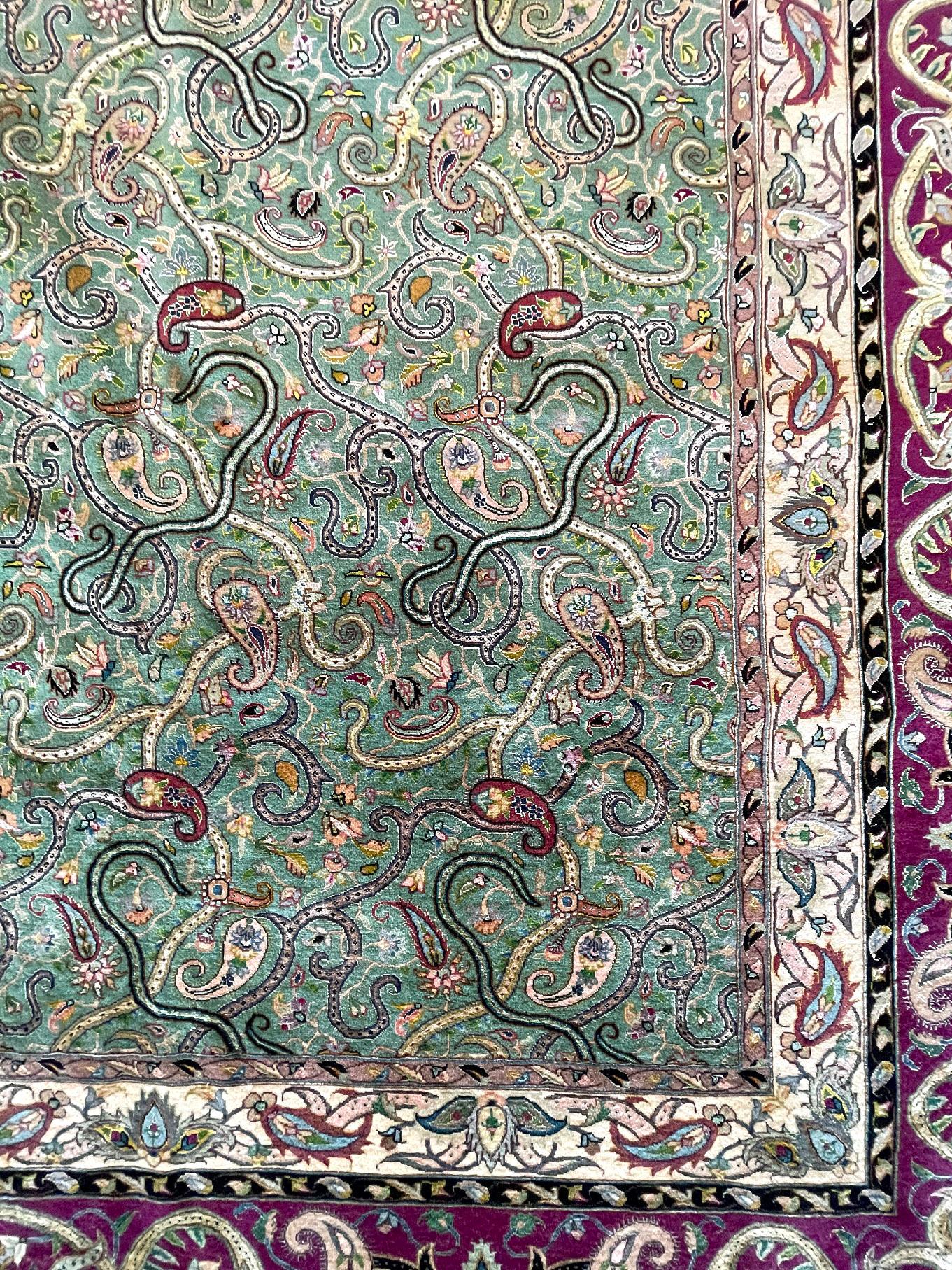 Persian Hand Knotted All over Green Wool Silk Tabriz Rug, 1980 circa For Sale 1