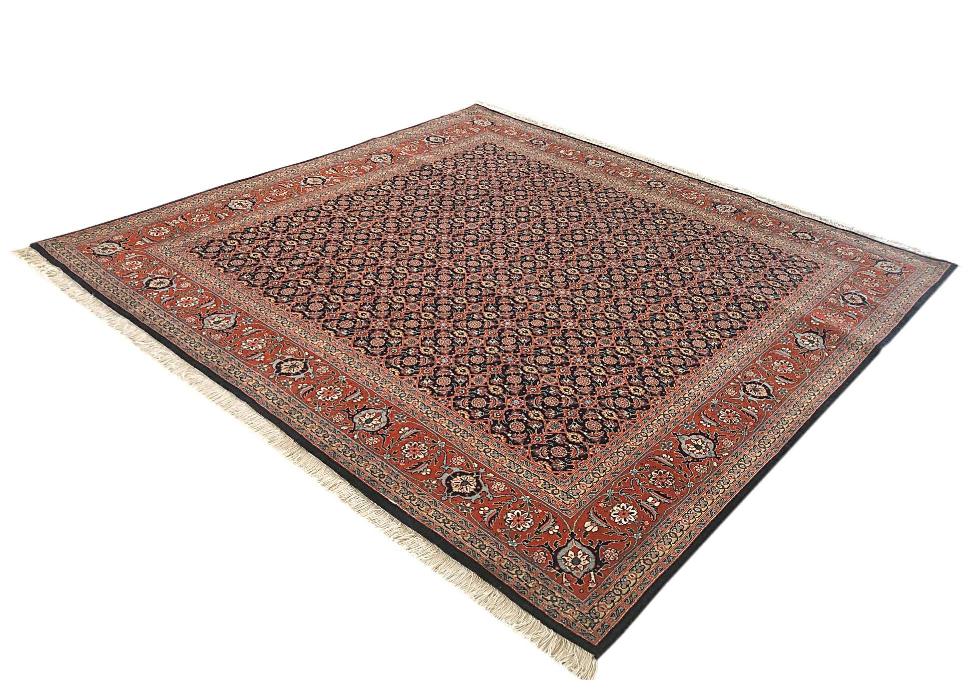 Hand-Knotted Persian Hand Knotted All-Over Rust Dark Blue Herati Design Tabriz Rug For Sale