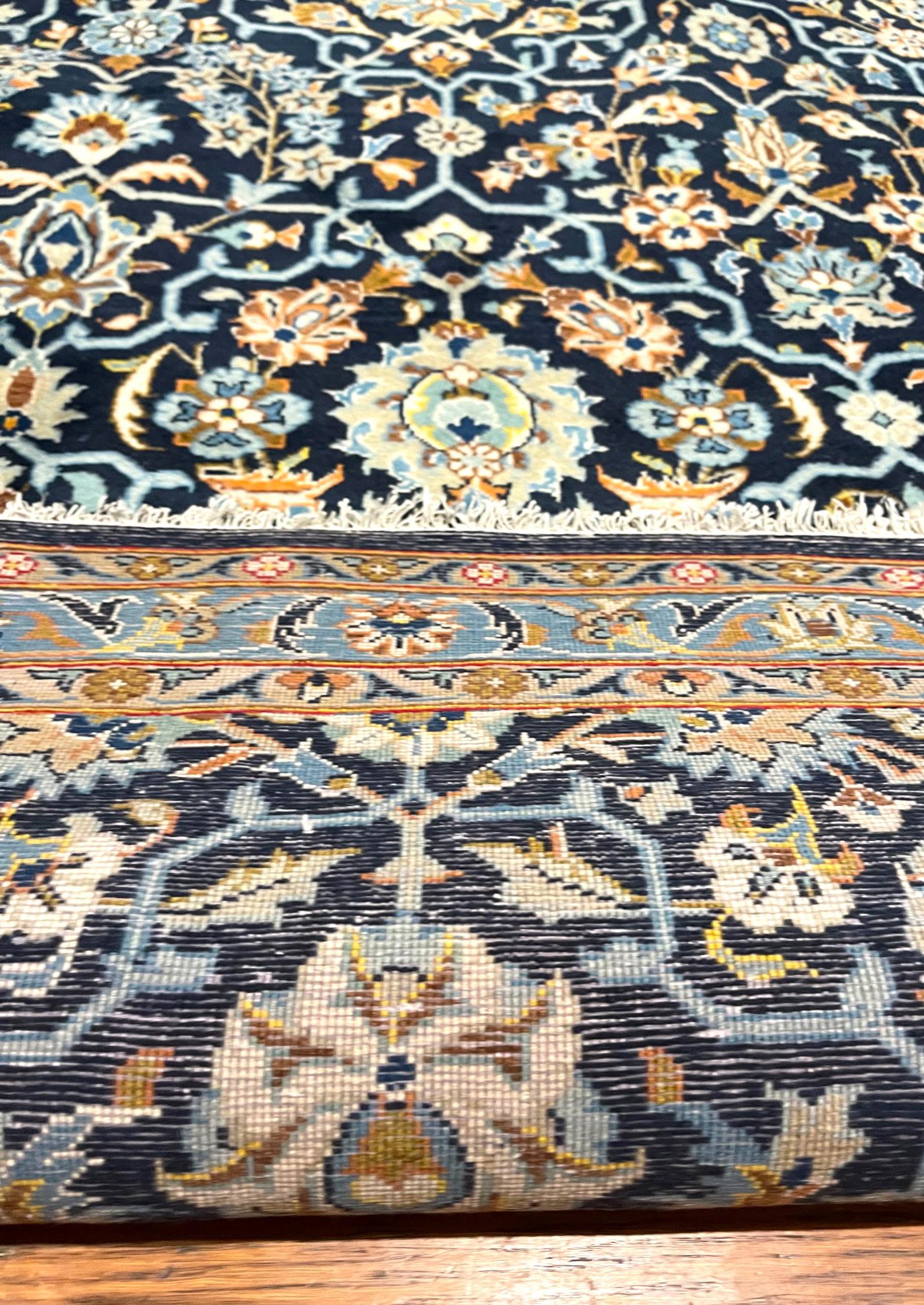 Persian Hand Knotted All over Semi Floral Blue Kashan Rug circa 1960 For Sale 4