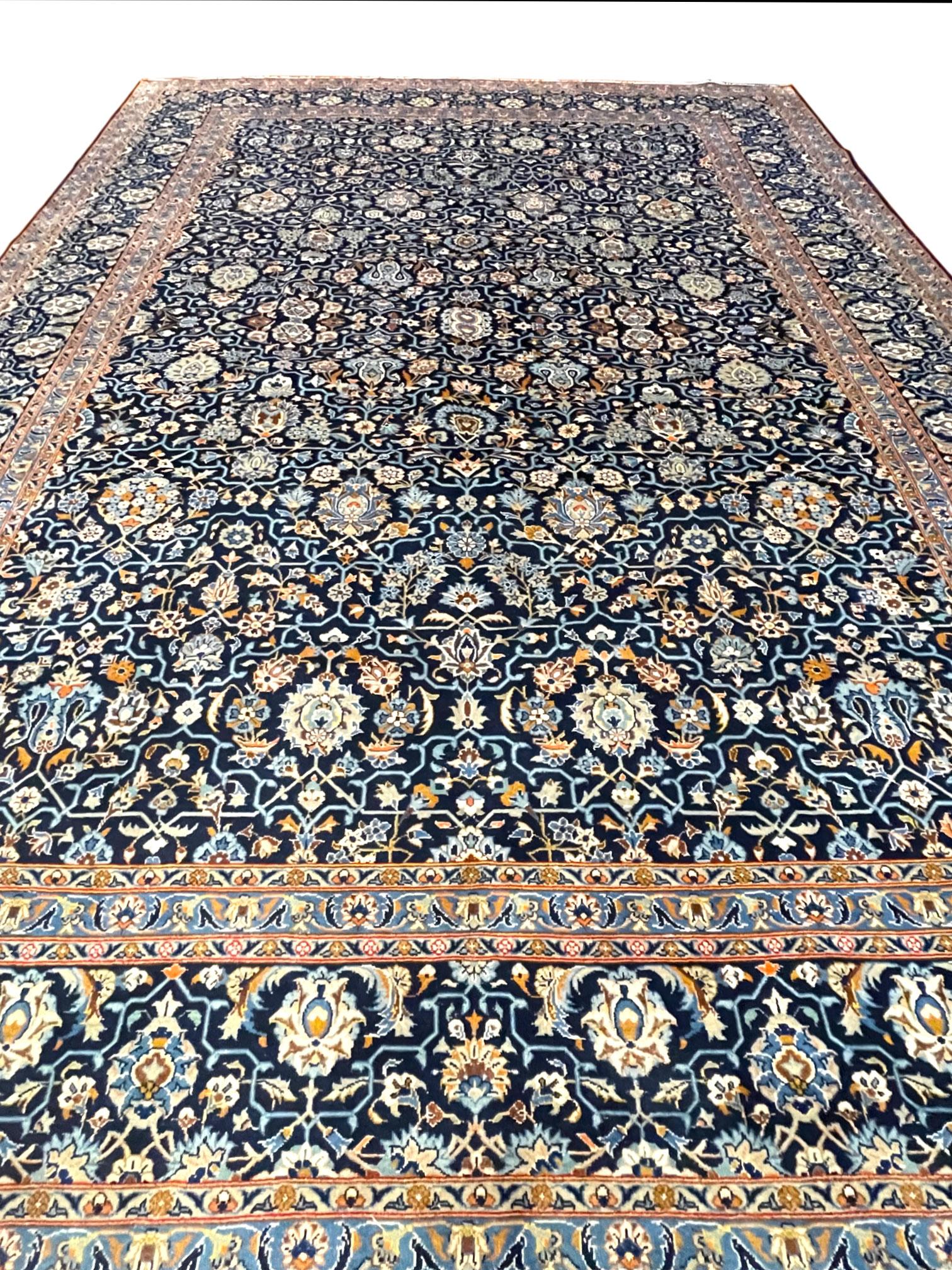 Hand-Knotted Persian Hand Knotted All over Semi Floral Blue Kashan Rug circa 1960 For Sale