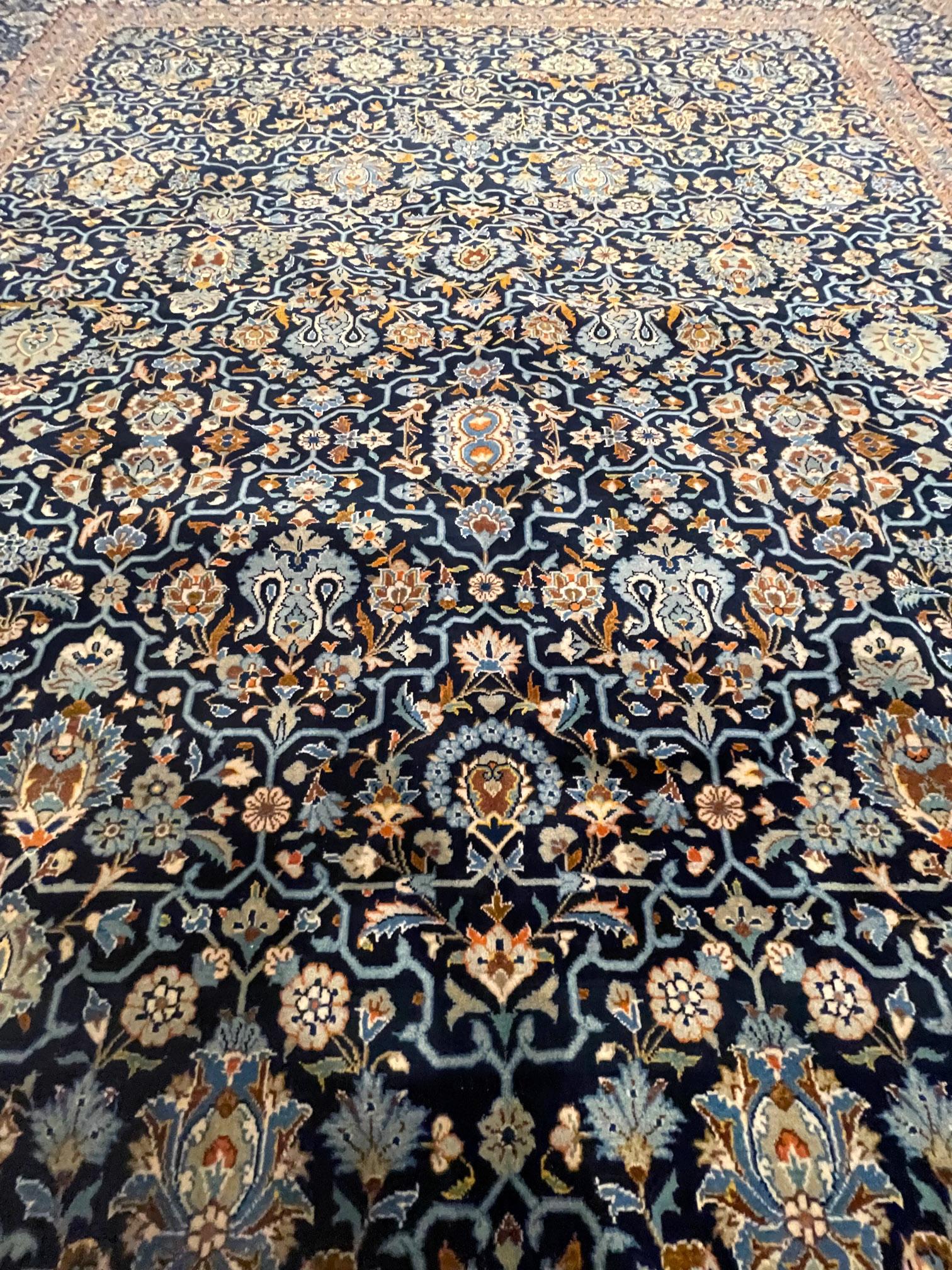 Persian Hand Knotted All over Semi Floral Blue Kashan Rug circa 1960 In Good Condition For Sale In San Diego, CA