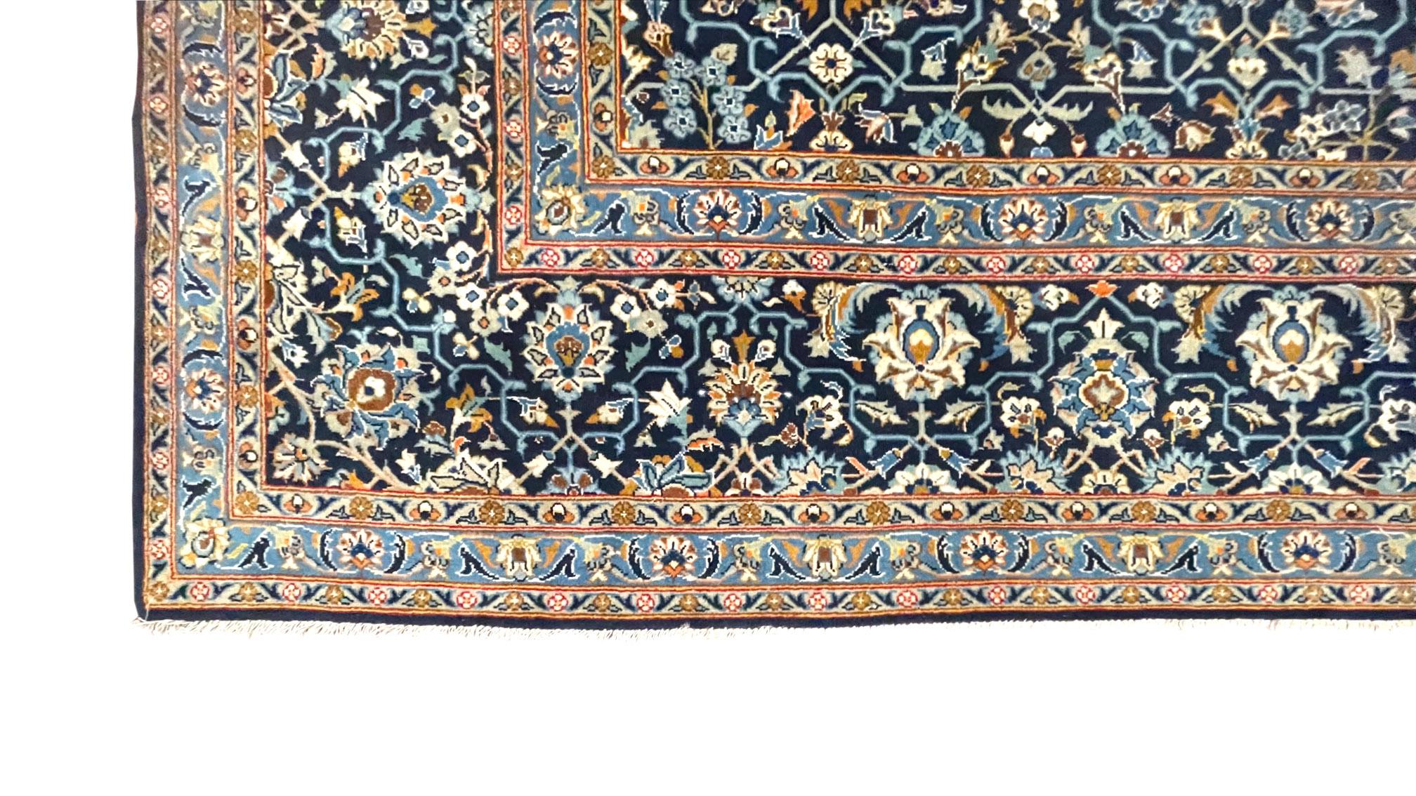 Mid-20th Century Persian Hand Knotted All over Semi Floral Blue Kashan Rug circa 1960 For Sale