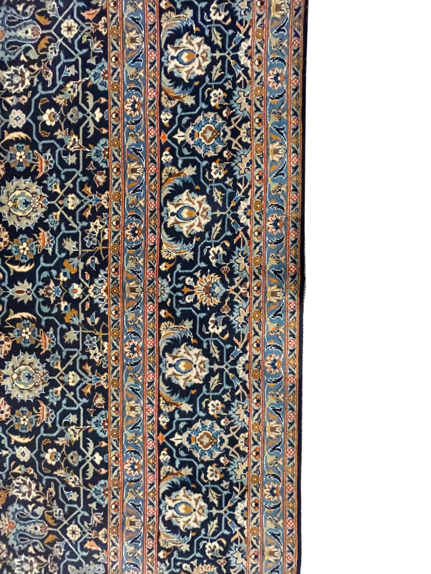 Wool Persian Hand Knotted All over Semi Floral Blue Kashan Rug circa 1960 For Sale