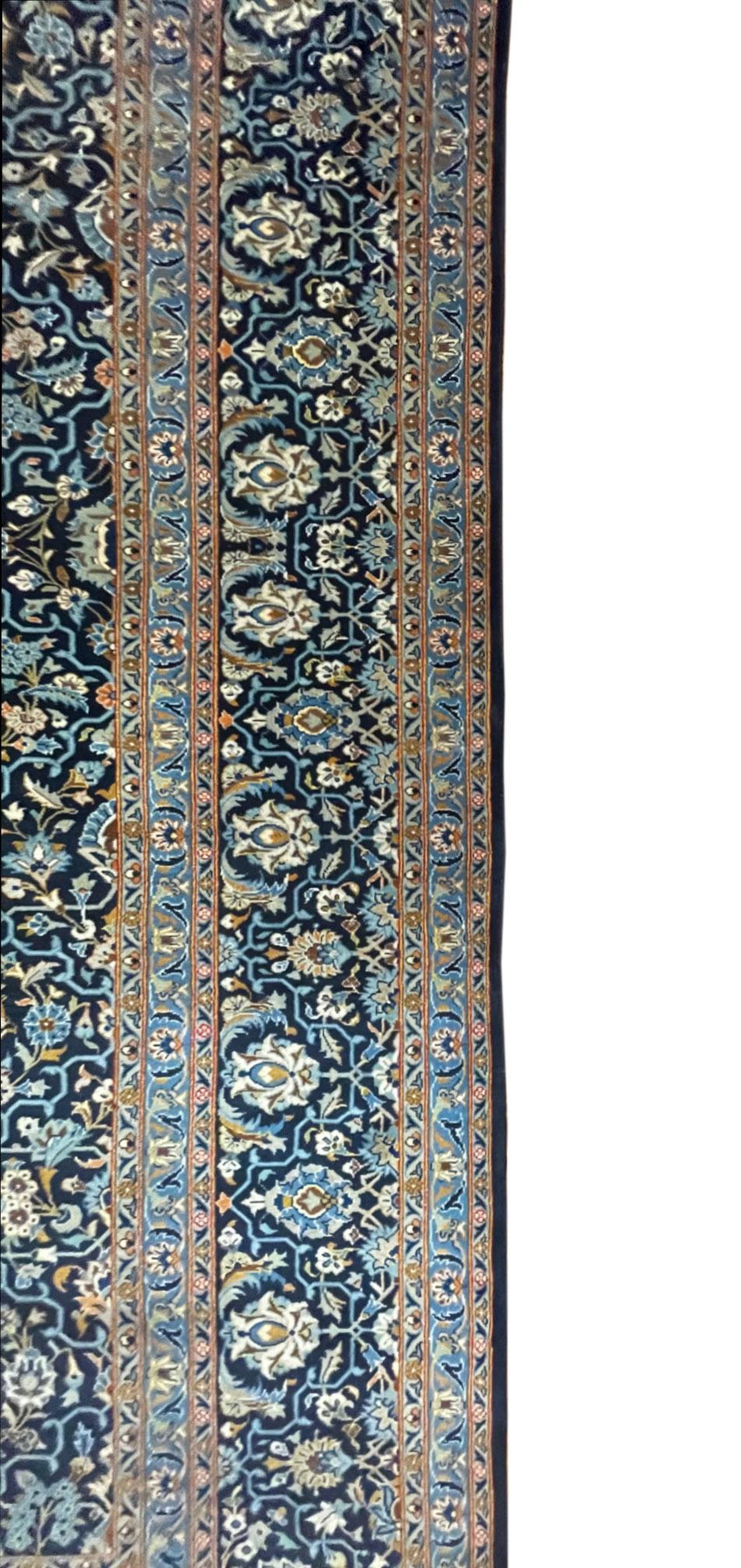 Persian Hand Knotted All over Semi Floral Blue Kashan Rug circa 1960 For Sale 1