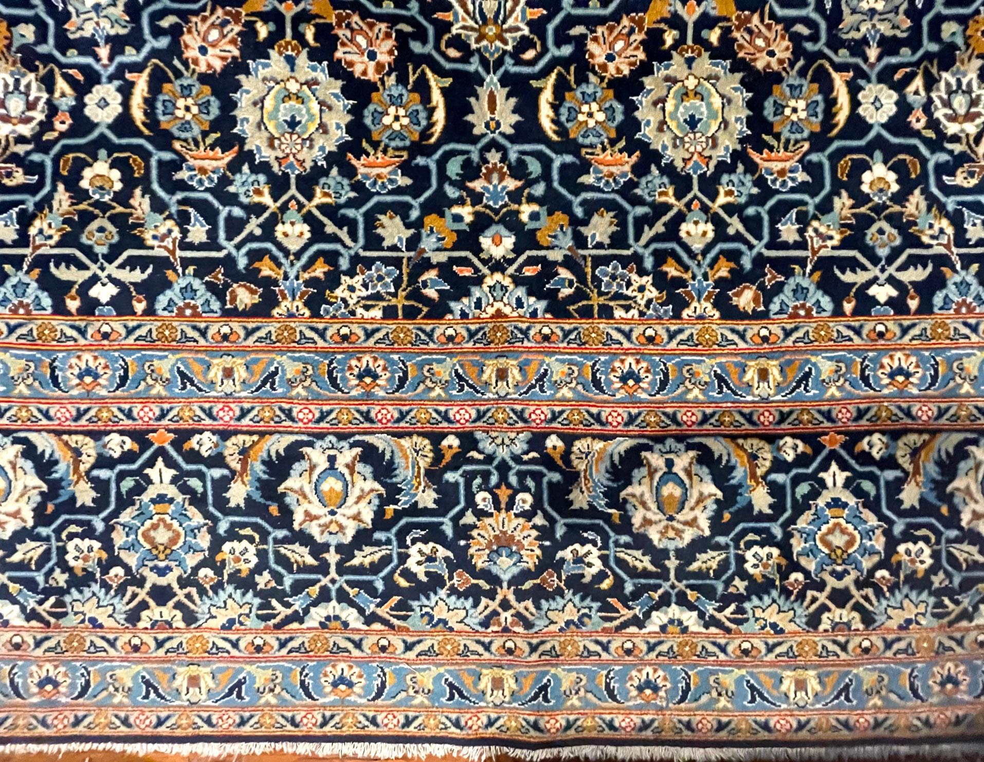 Persian Hand Knotted All over Semi Floral Blue Kashan Rug circa 1960 For Sale 2
