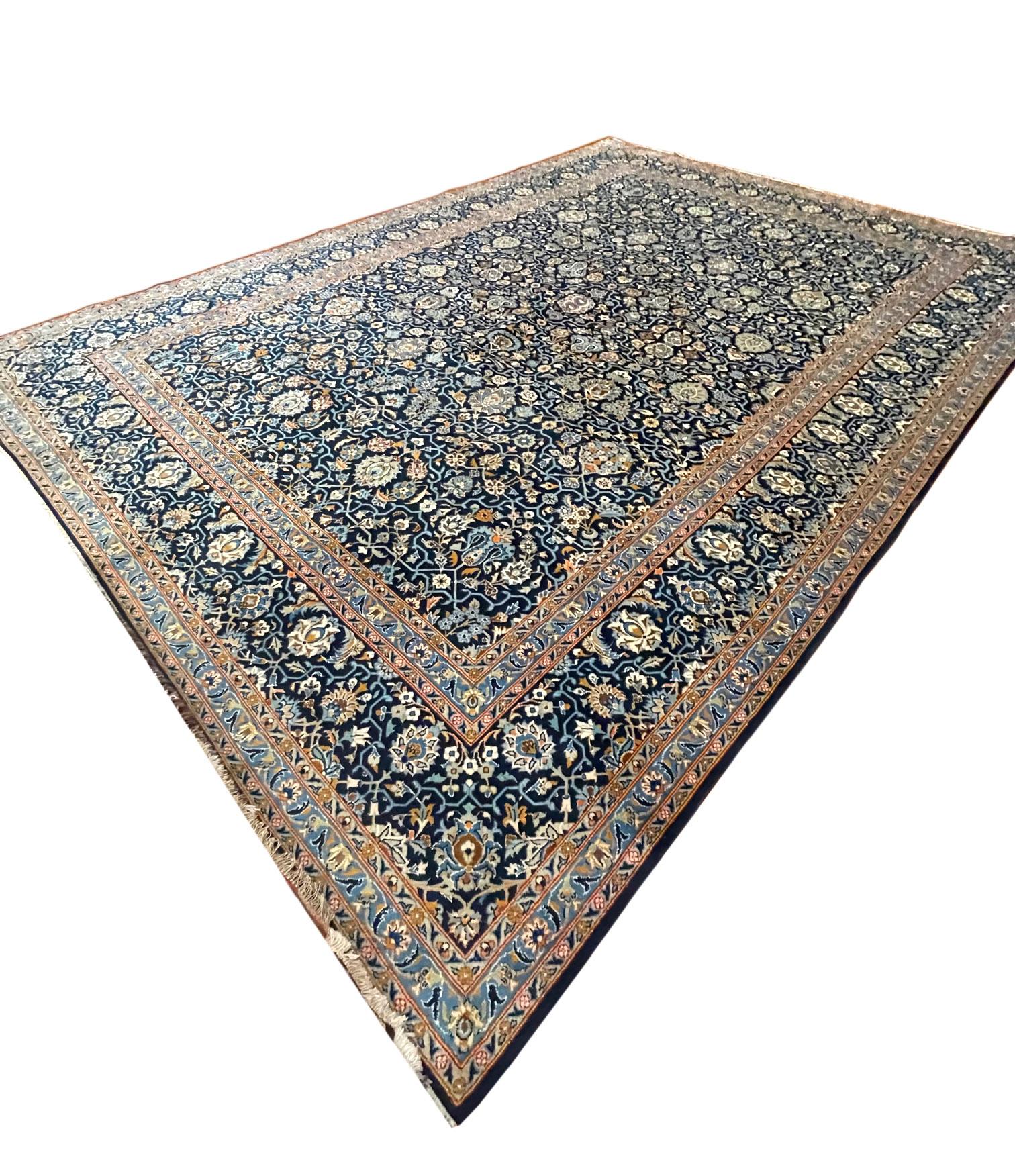 Persian Hand Knotted All over Semi Floral Blue Kashan Rug circa 1960 For Sale 3
