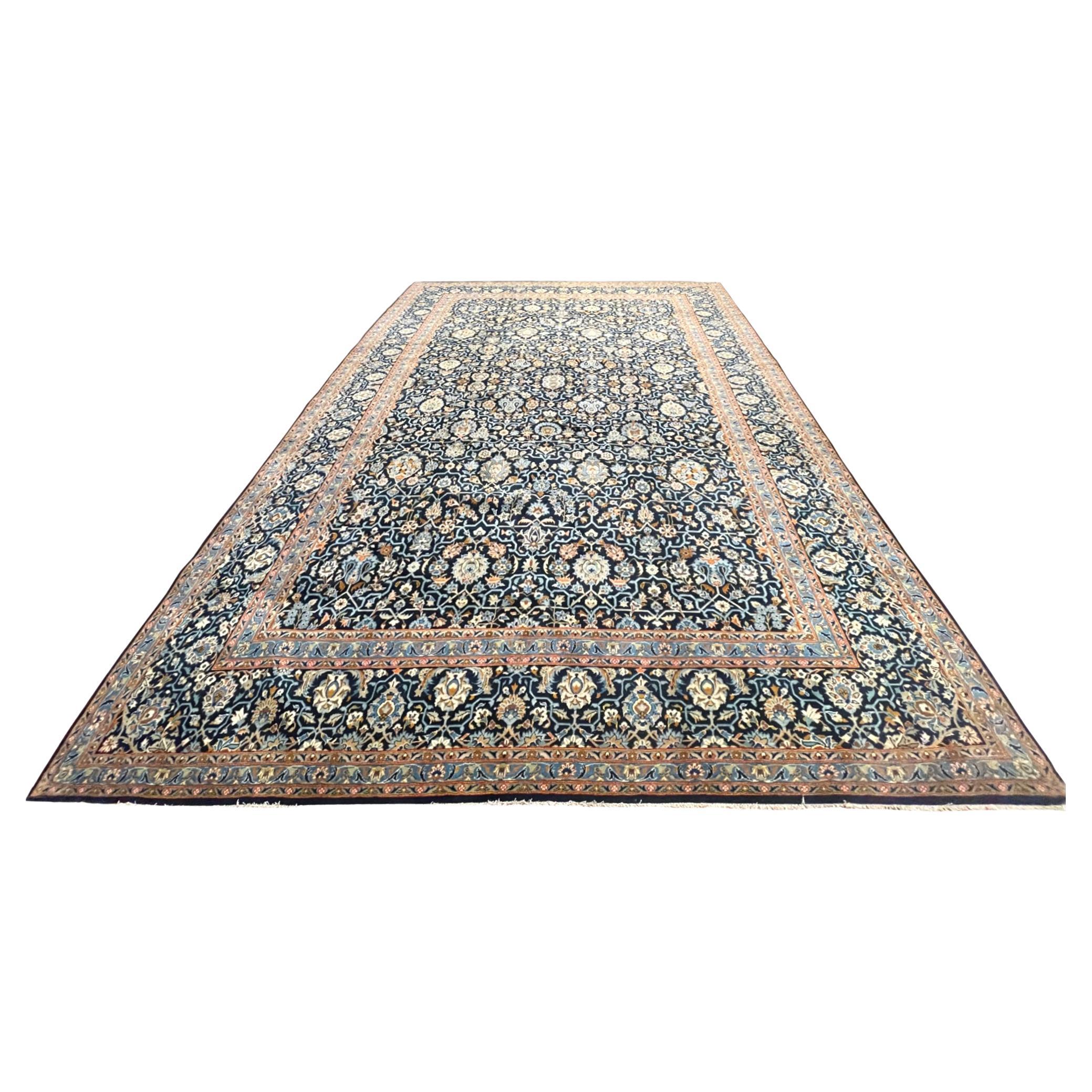 Persian Hand Knotted All over Semi Floral Blue Kashan Rug circa 1960 For Sale