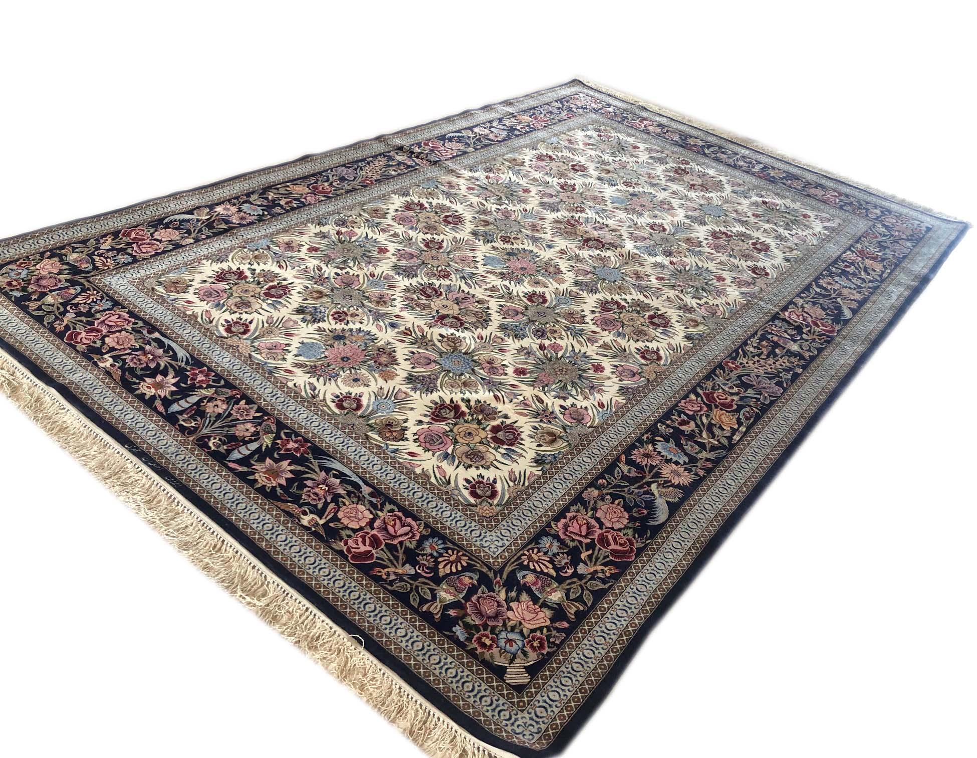 Persian Hand Knotted All Over Silk Dark Blue Cream Floral Isfahan Rug For Sale 7