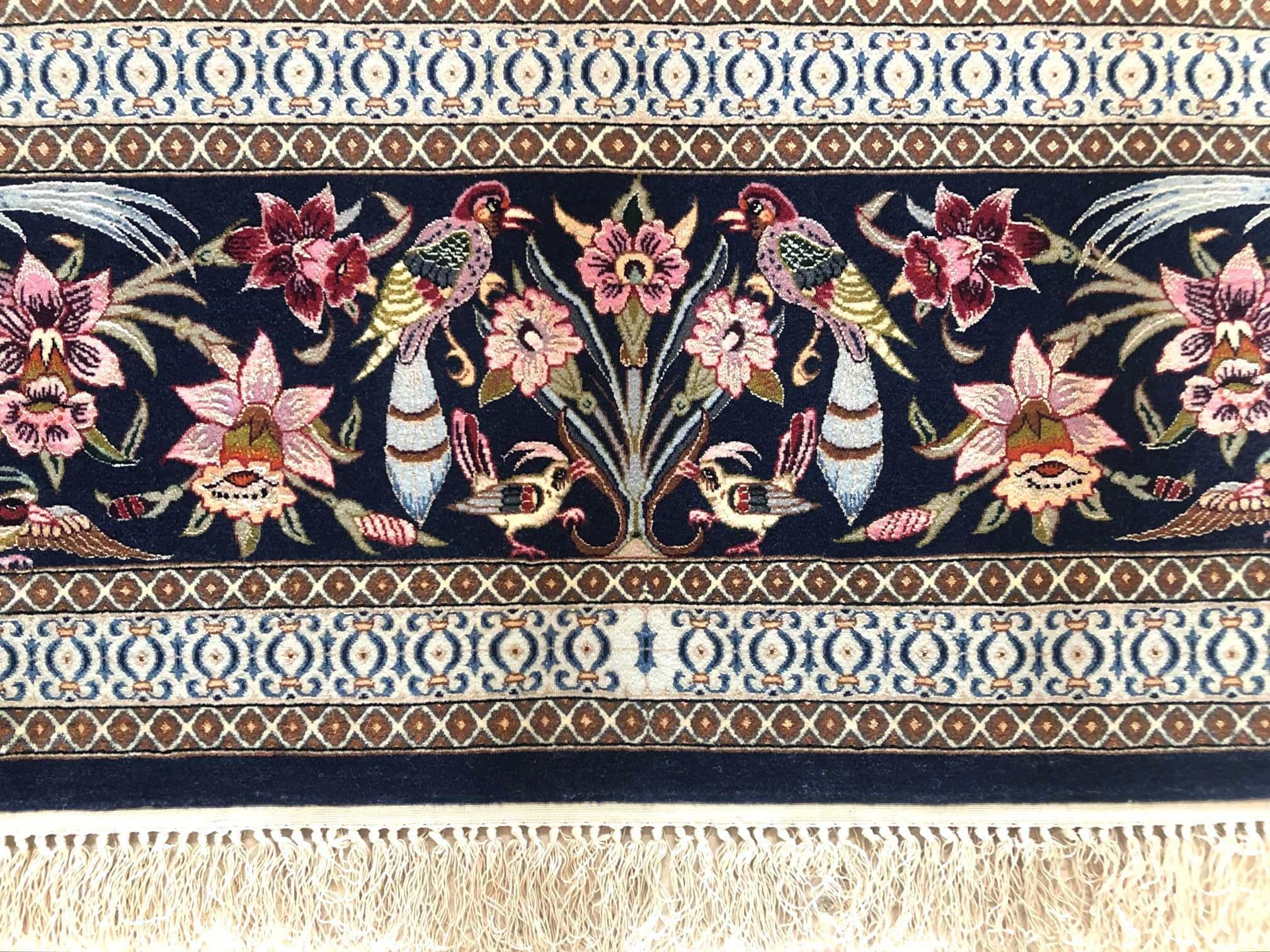 Persian Hand Knotted All Over Silk Dark Blue Cream Floral Isfahan Rug In New Condition For Sale In San Diego, CA