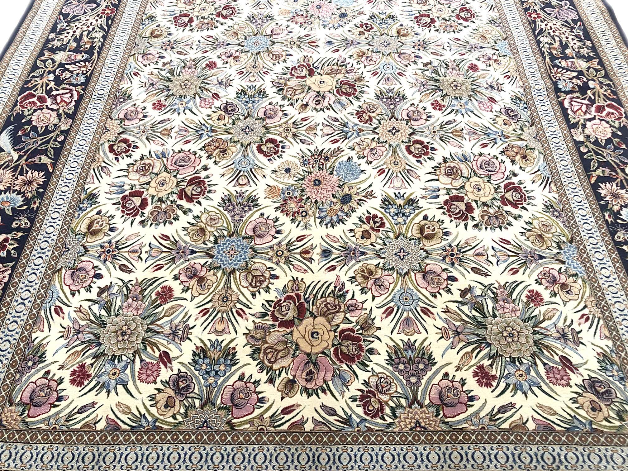 Persian Hand Knotted All Over Silk Dark Blue Cream Floral Isfahan Rug For Sale 1