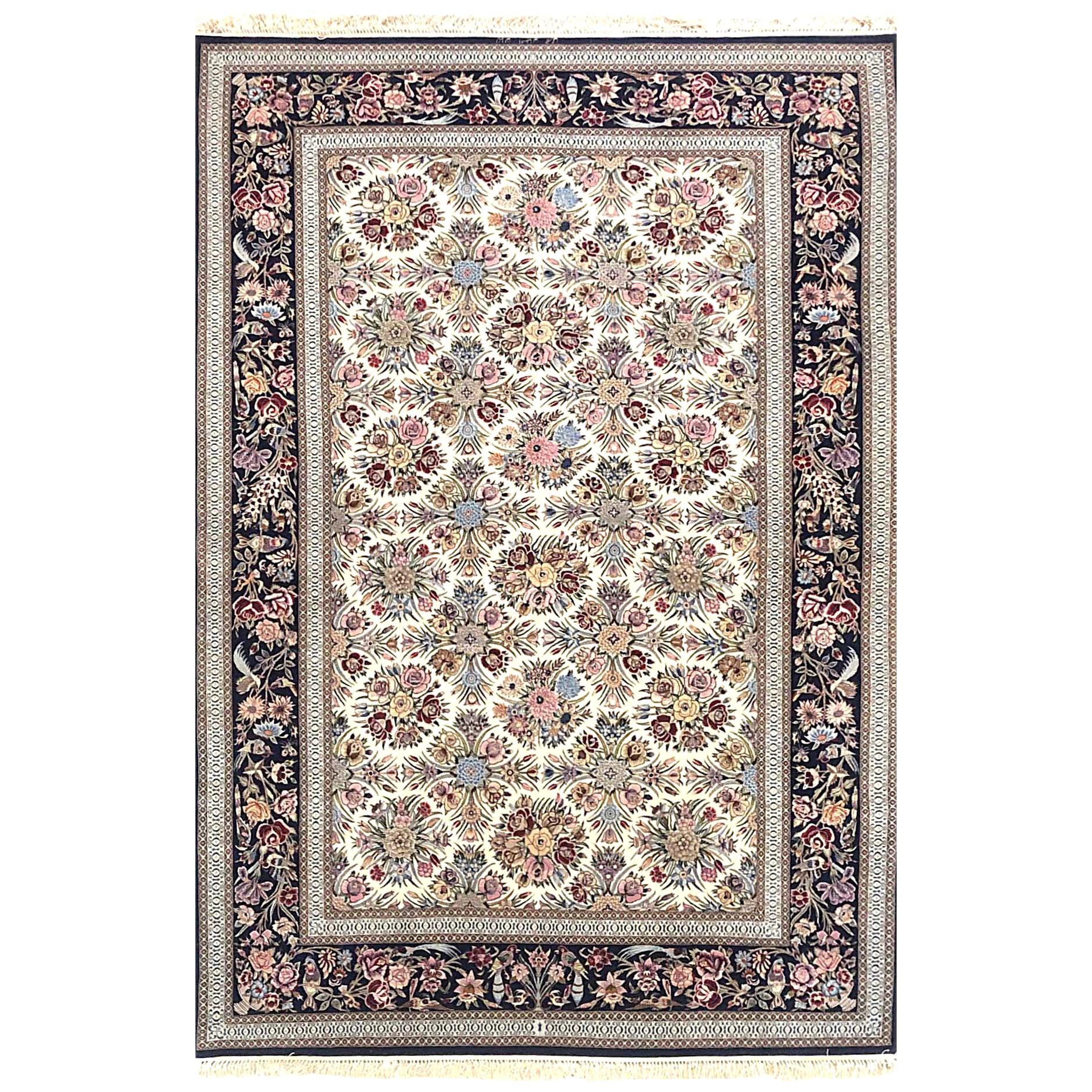 Persian Hand Knotted All Over Silk Dark Blue Cream Floral Isfahan Rug For Sale