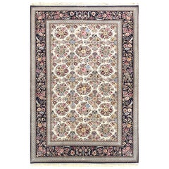 Persian Hand Knotted All Over Silk Dark Blue Cream Floral Isfahan Rug