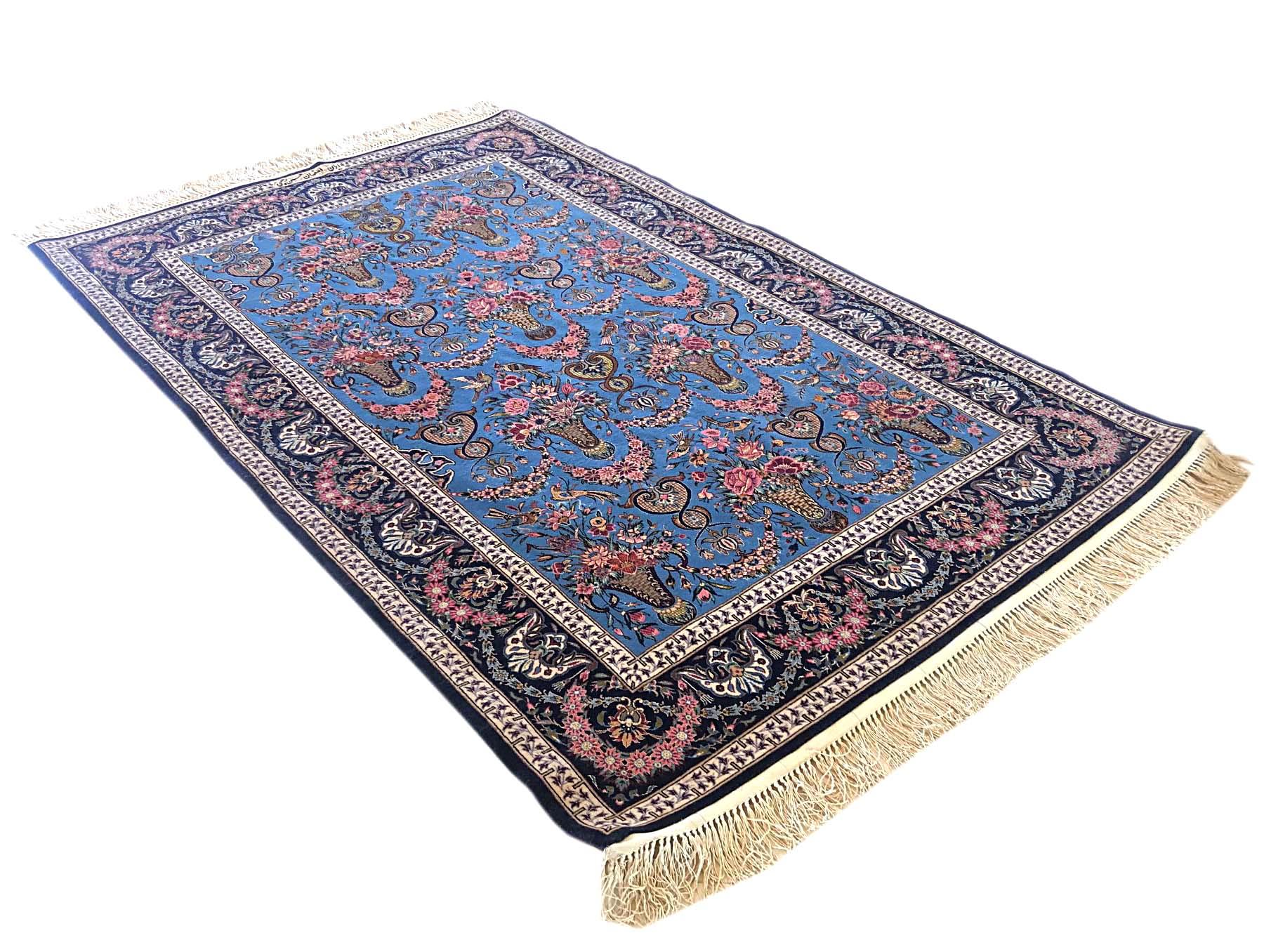 Persian Hand Knotted All-Over Vase Floral Blue Silk Isfahan New Rug For Sale 5