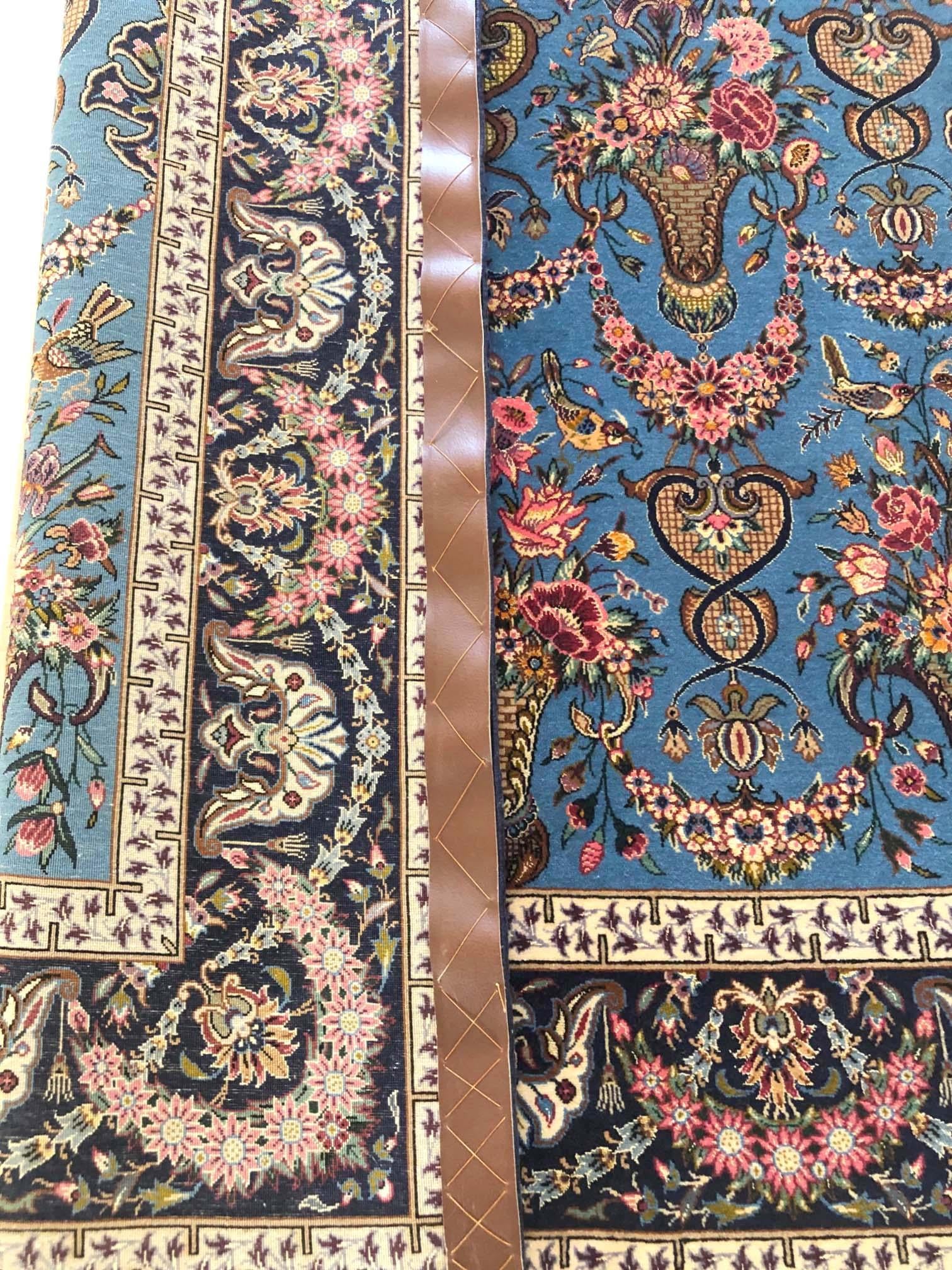 Hand-Knotted Persian Hand Knotted All-Over Vase Floral Blue Silk Isfahan New Rug For Sale