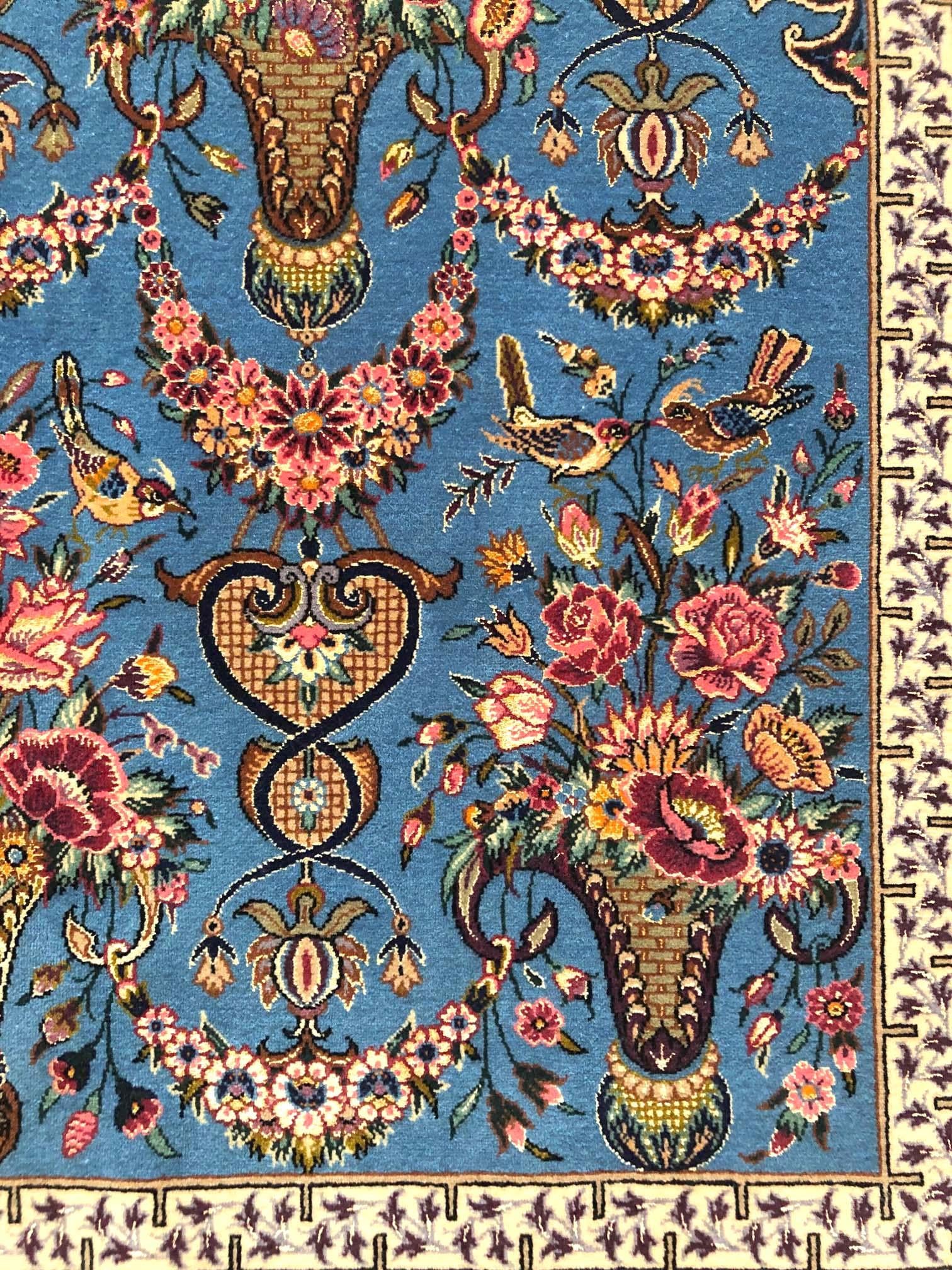 Wool Persian Hand Knotted All-Over Vase Floral Blue Silk Isfahan New Rug For Sale