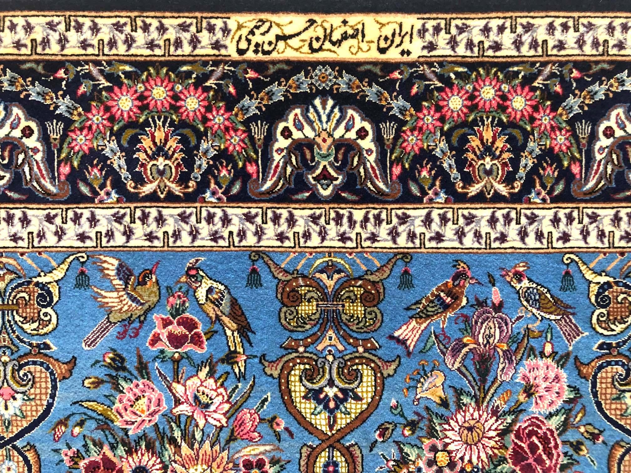 Persian Hand Knotted All-Over Vase Floral Blue Silk Isfahan New Rug For Sale 3