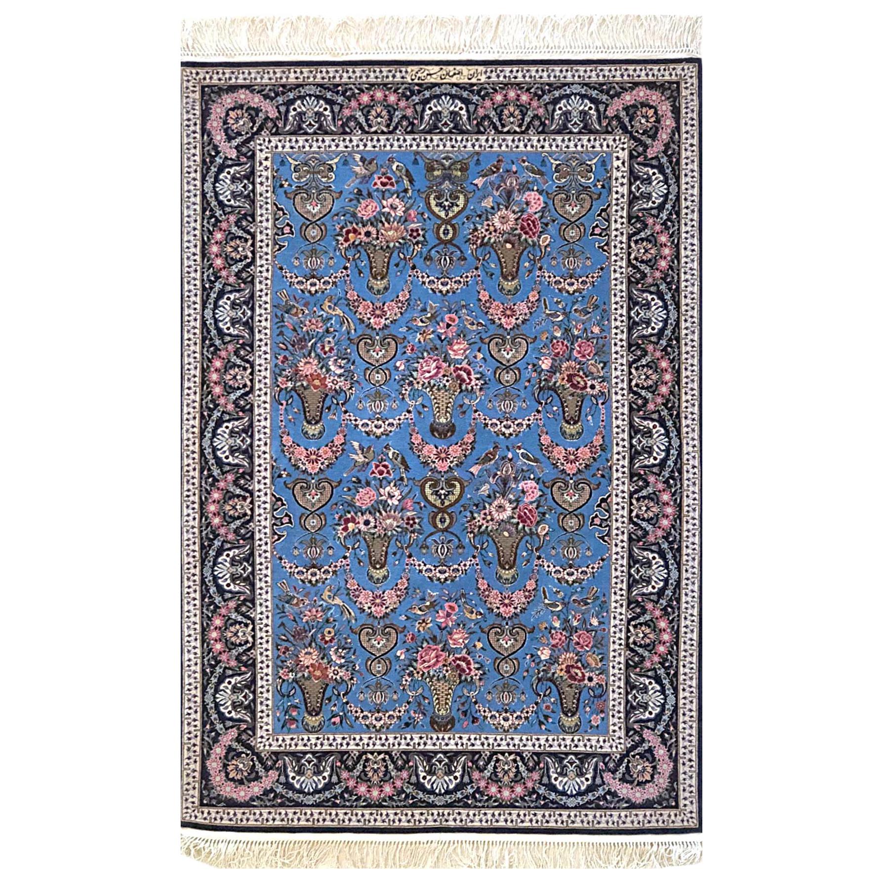 Persian Hand Knotted All-Over Vase Floral Blue Silk Isfahan New Rug For Sale