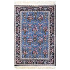 Persian Hand Knotted All-Over Vase Floral Blue Silk Isfahan New Rug