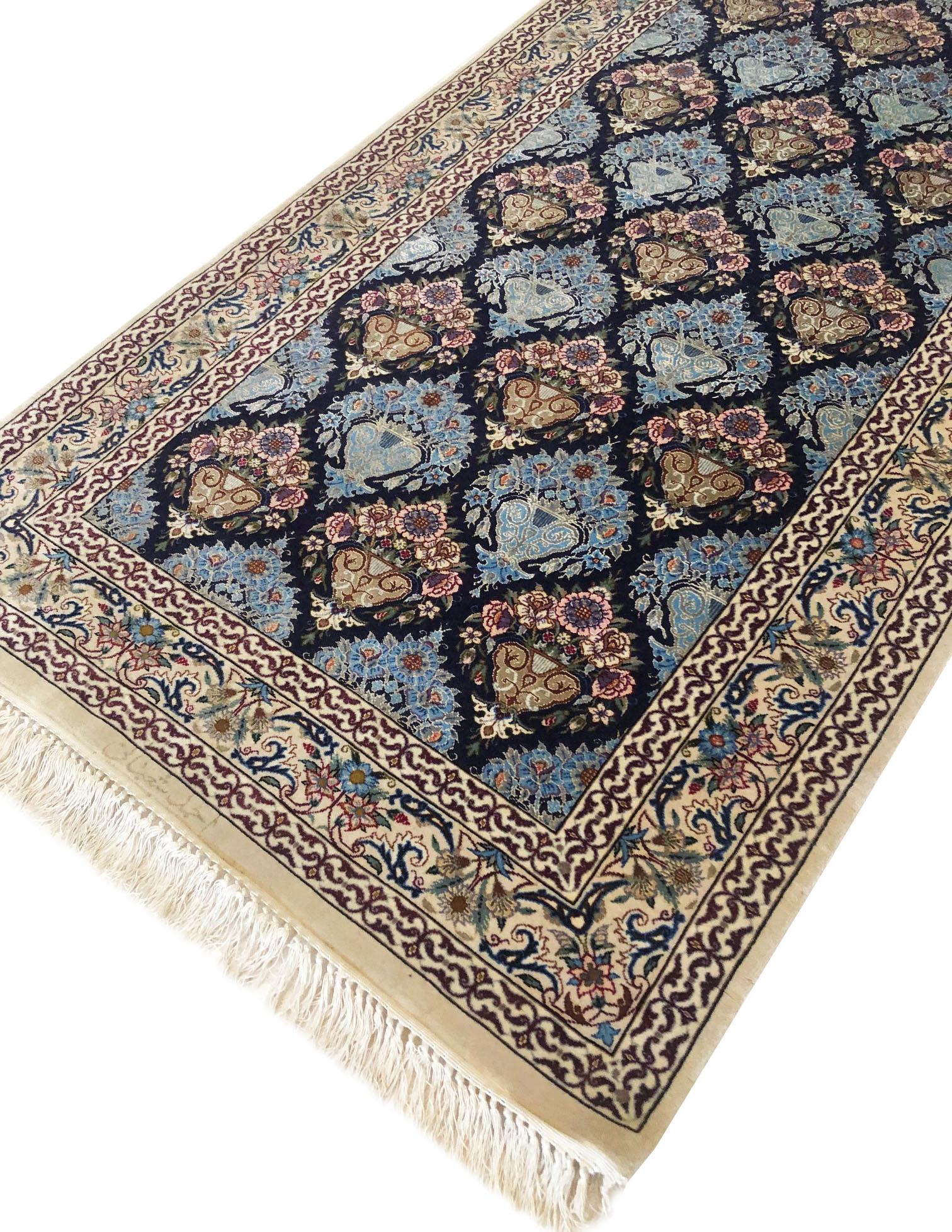 Persian Hand Knotted All-Over Wool Silk Floral Blue Isfahan Runner Rug For Sale 12