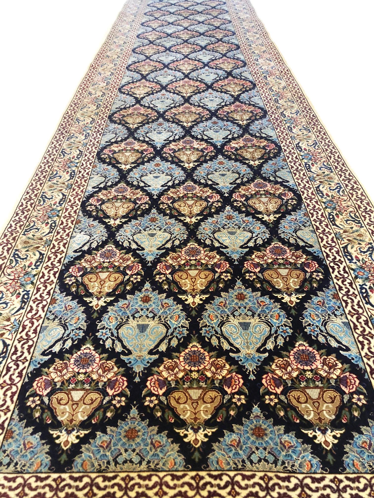 Persian Hand Knotted All-Over Wool Silk Floral Blue Isfahan Runner Rug For Sale 13