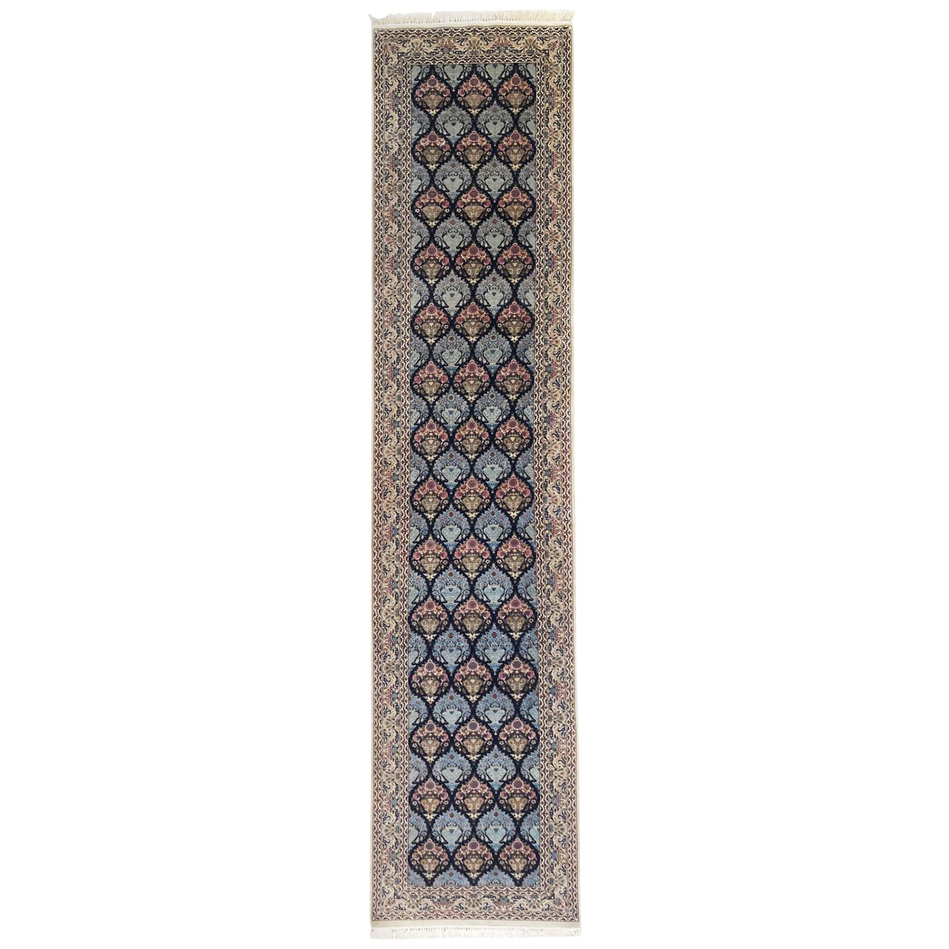 Persian Hand Knotted All-Over Wool Silk Floral Blue Isfahan Runner Rug For Sale