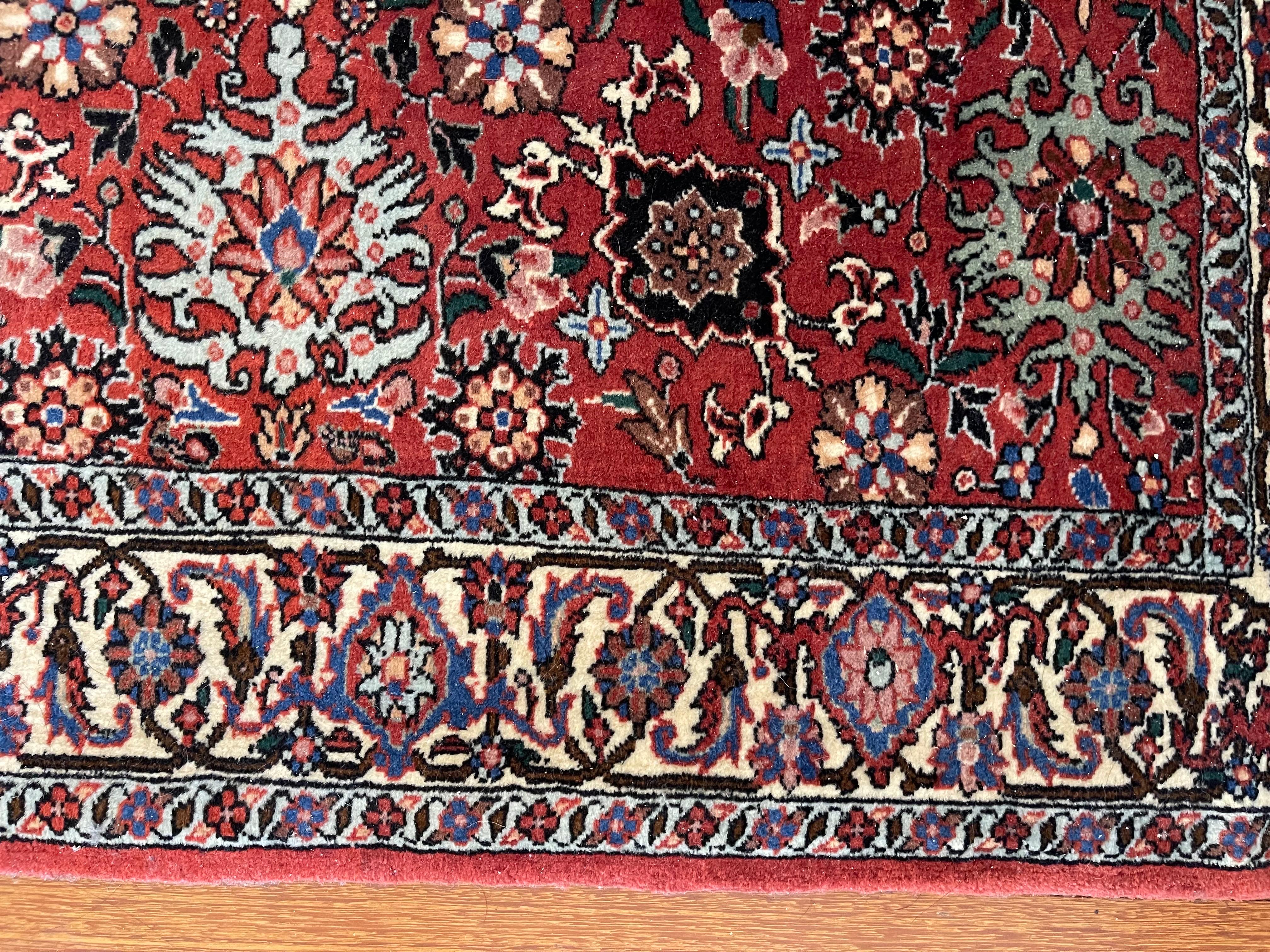 Wool Persian Hand Knotted Allover Medallion Design Floral Bijar Red Runner Rug 2000  For Sale
