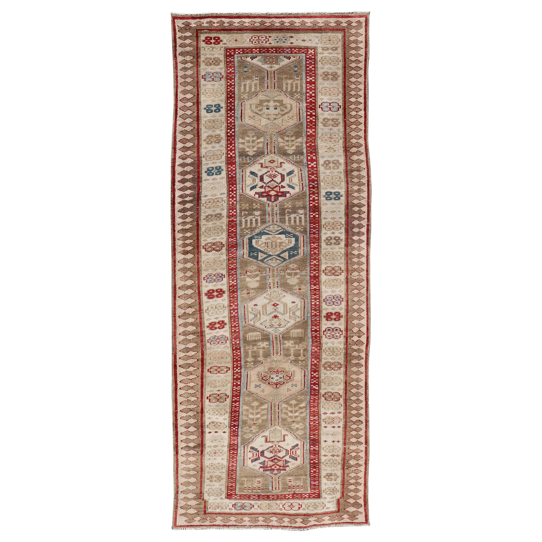 Persian Hand Knotted Antique Serab Runner in Tribal Design With Medallions