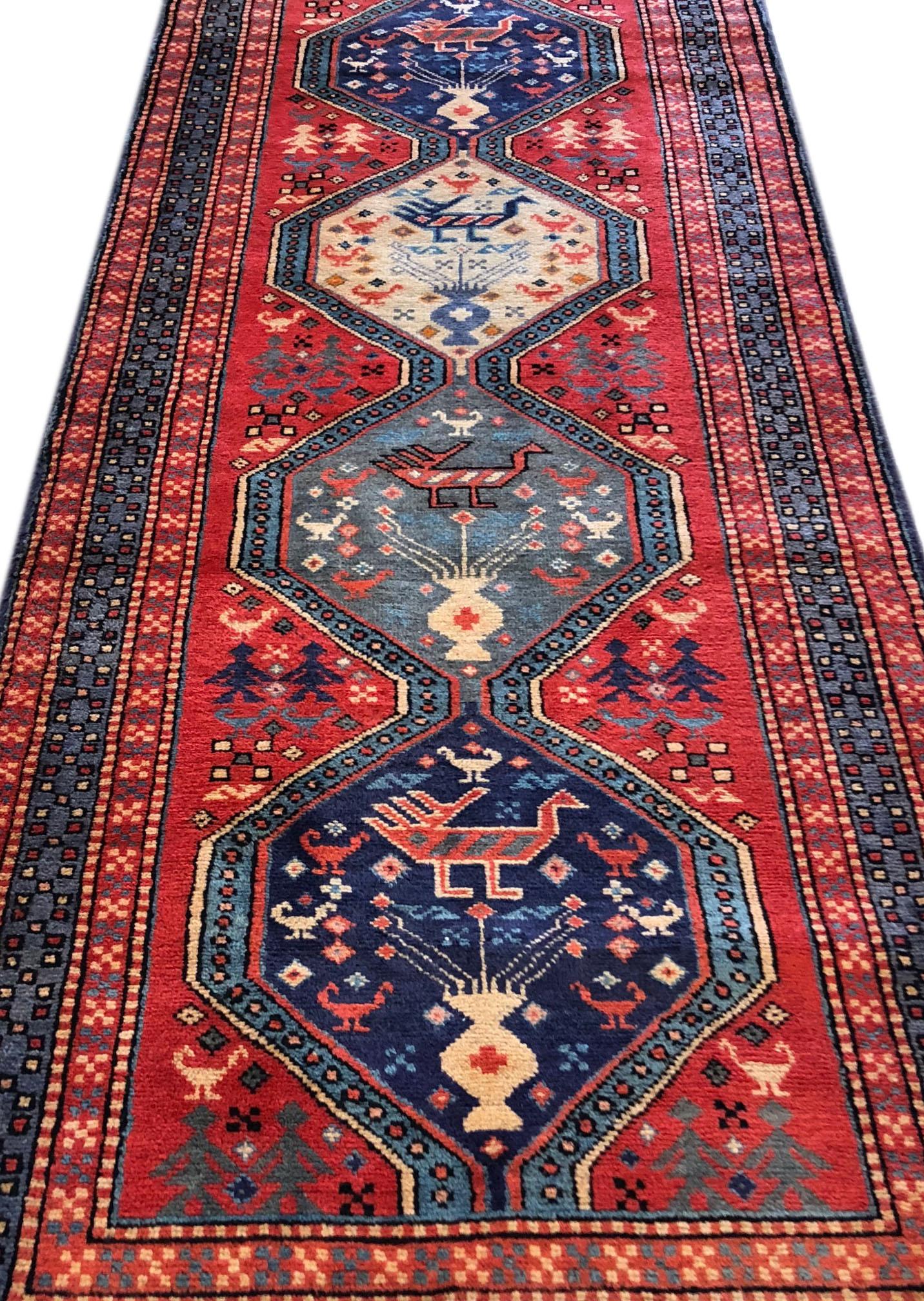 Mid-20th Century Persian Hand Knotted Ardabil Tribal Salmon Blue Runner, circa 1960