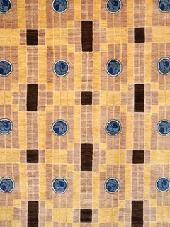 Persian Hand-Knotted Art Deco Geometric Rug, Brown, Blue and Gold Wool, 6x9