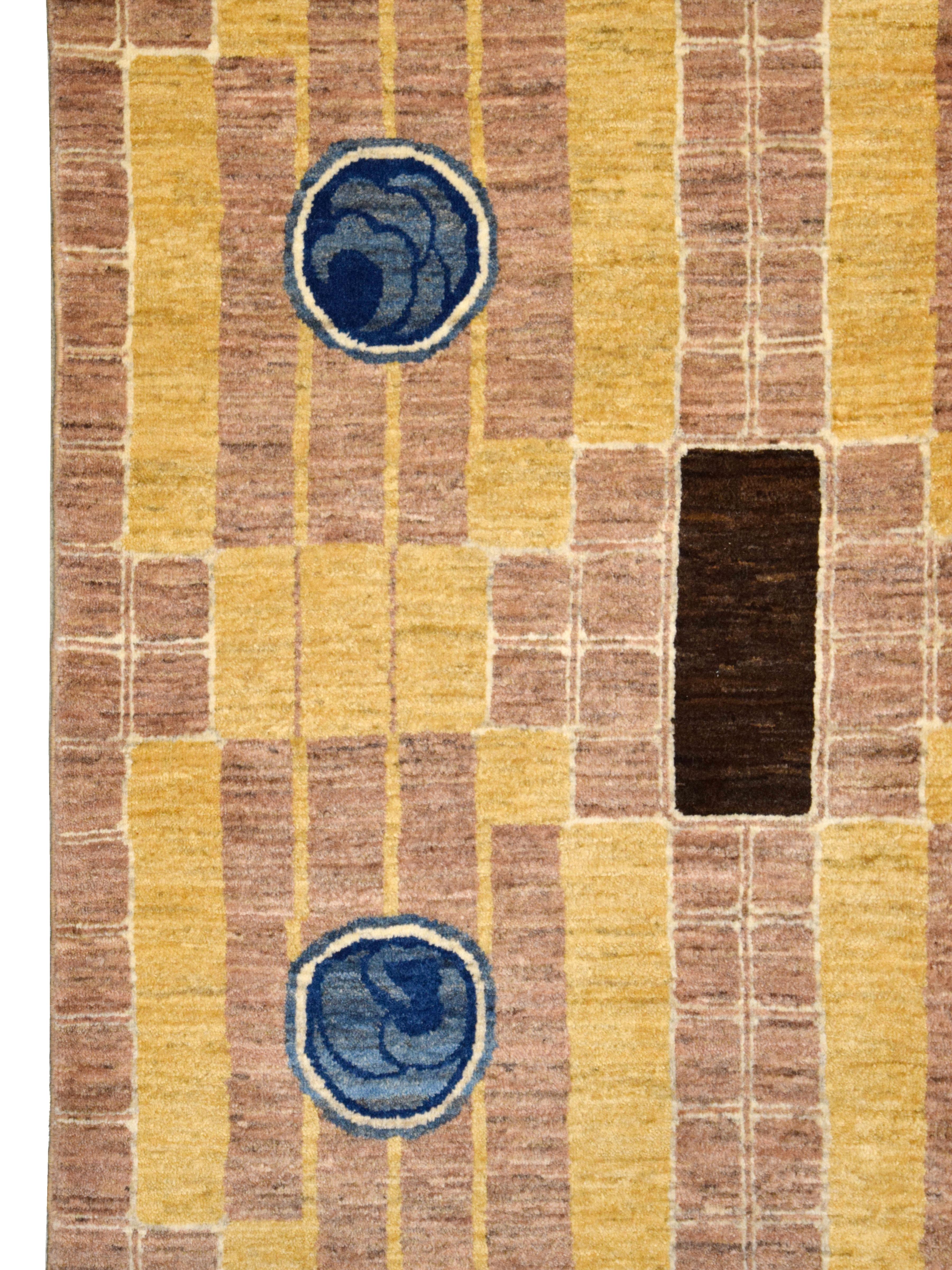 Persischer handgeknüpfter geometrischer Art Deco Teppich, Wolle braun, blau und gold, 6x9 im Zustand „Neu“ im Angebot in New York, NY