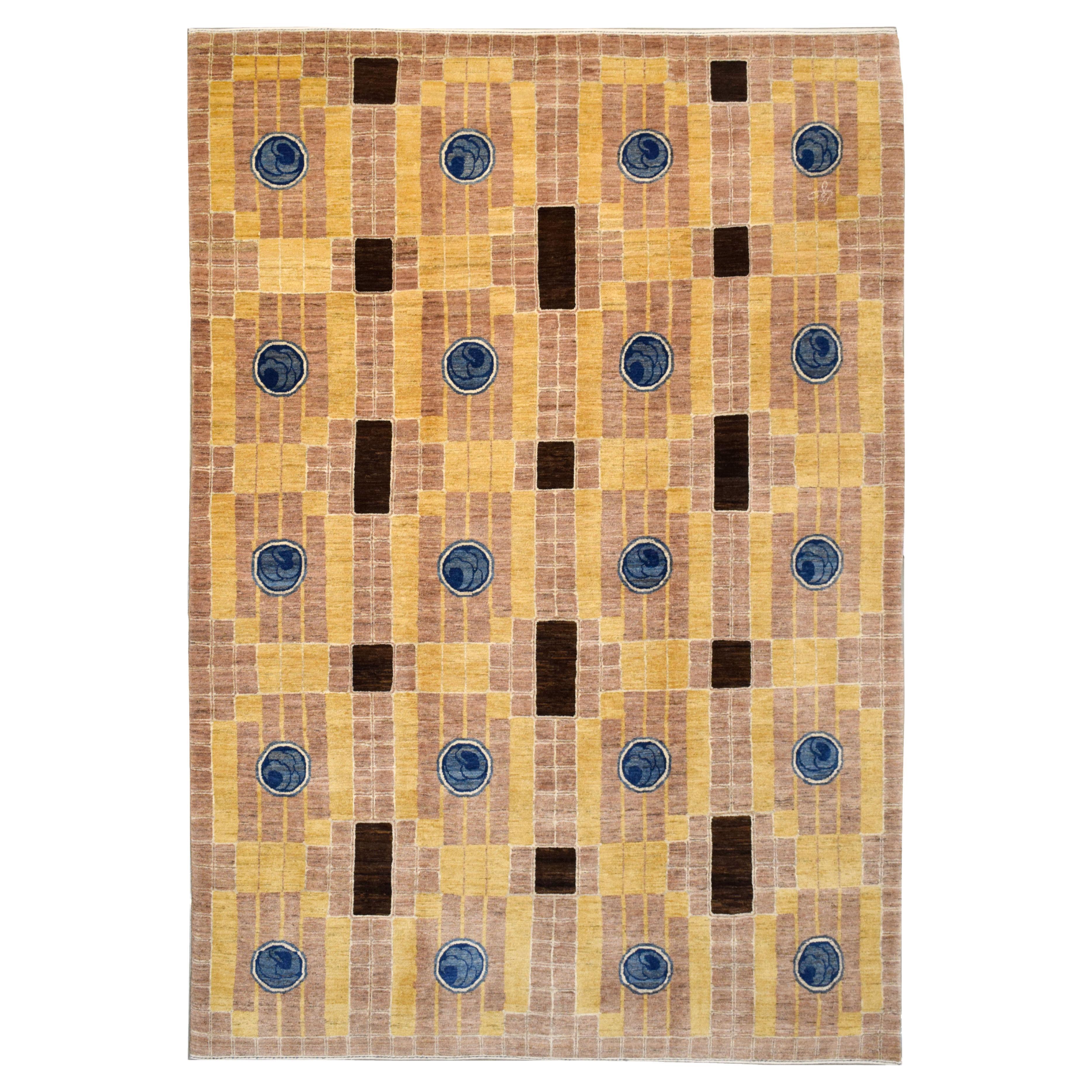 Persischer handgeknüpfter geometrischer Art Deco Teppich, Wolle braun, blau und gold, 6x9 im Angebot